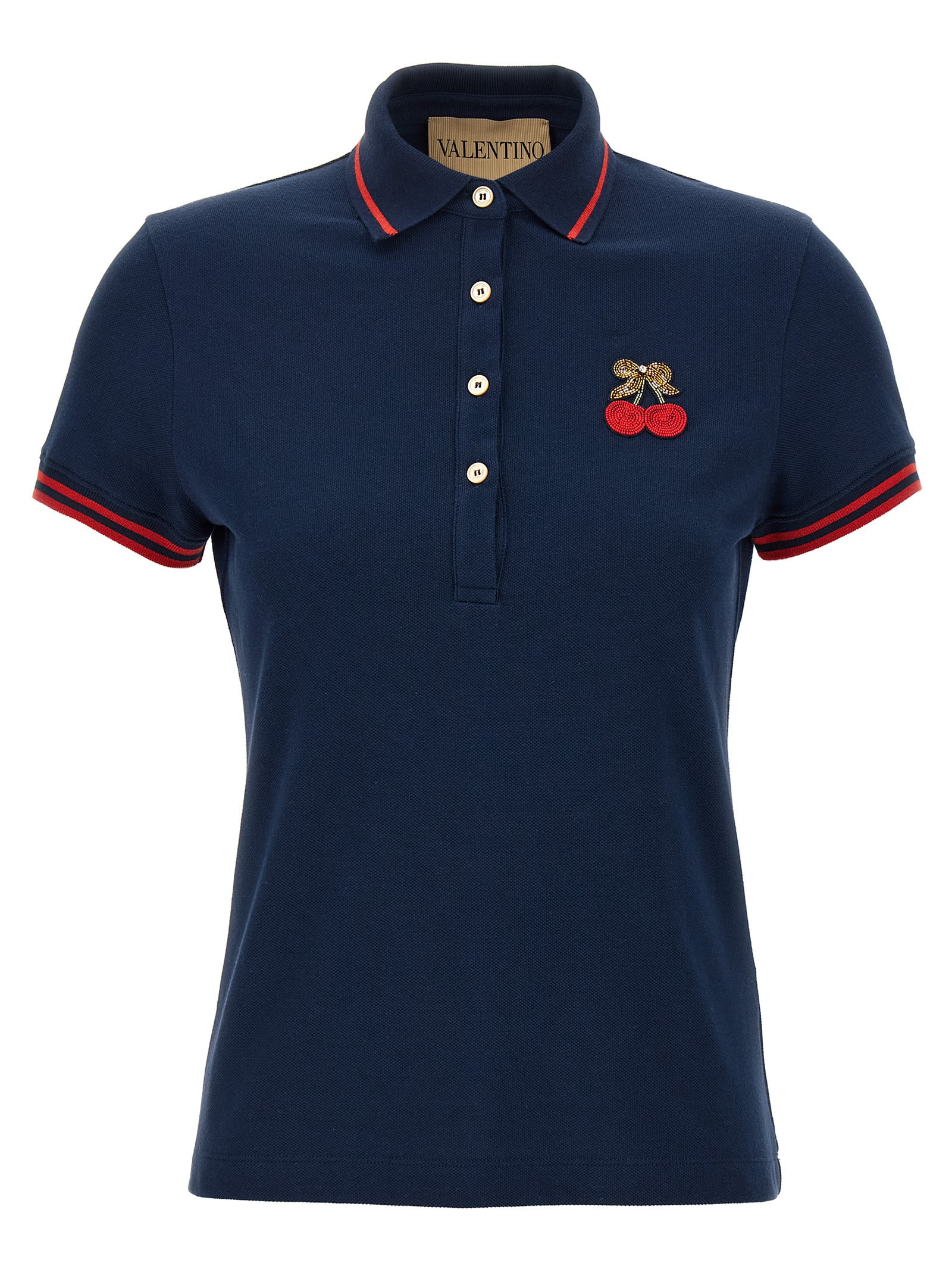 Valentino Cherry Embroidery Polo With Contrast Trim In Blue