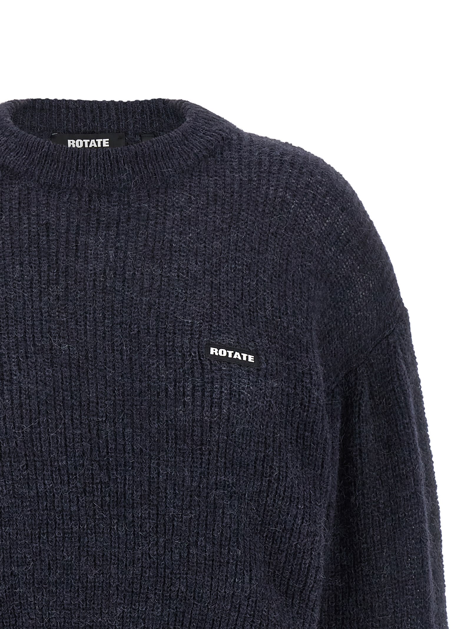 Rotate Birger Christensen Crew Neck Cropped Knit Puff Sweater In Blue