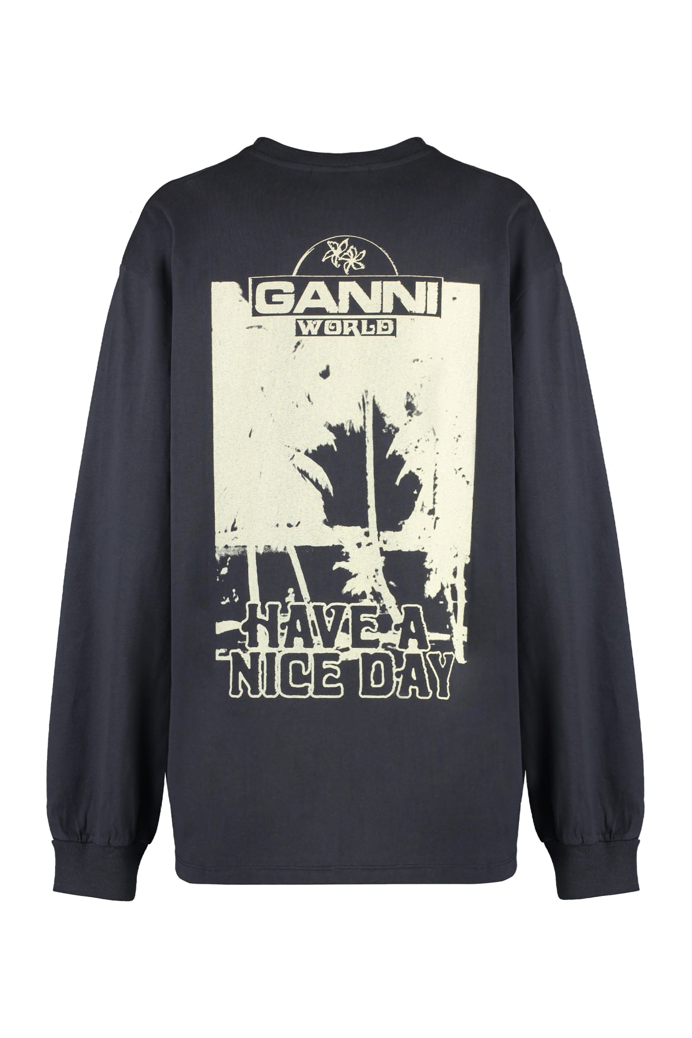 Shop Ganni Long Sleeve Cotton T-shirt In Grey