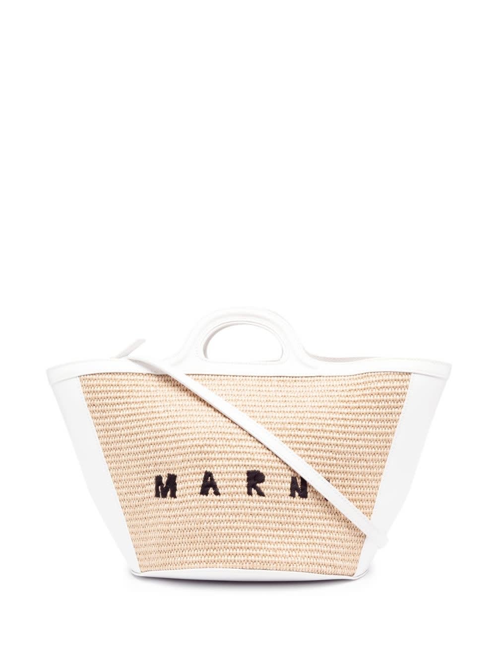 MARNI SMALL TROPICALIA SUMMER BAG IN WHITE LEATHER AND NATURAL RAFFIA 