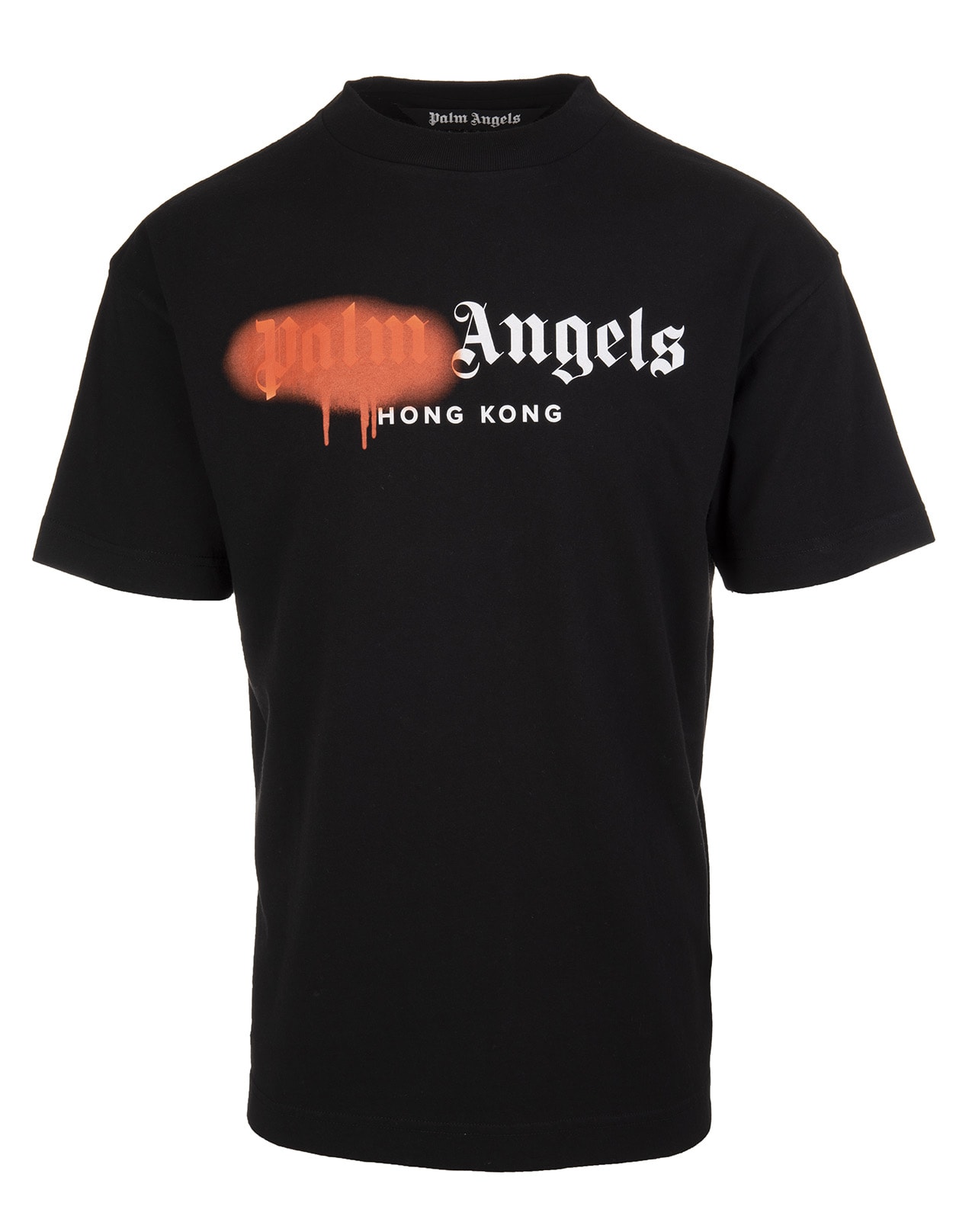 PALM ANGELS MAN BLACK AND ORANGE HONG KONG LOGO SPRAY T-SHIRT,PMAA001S21JER041 1020