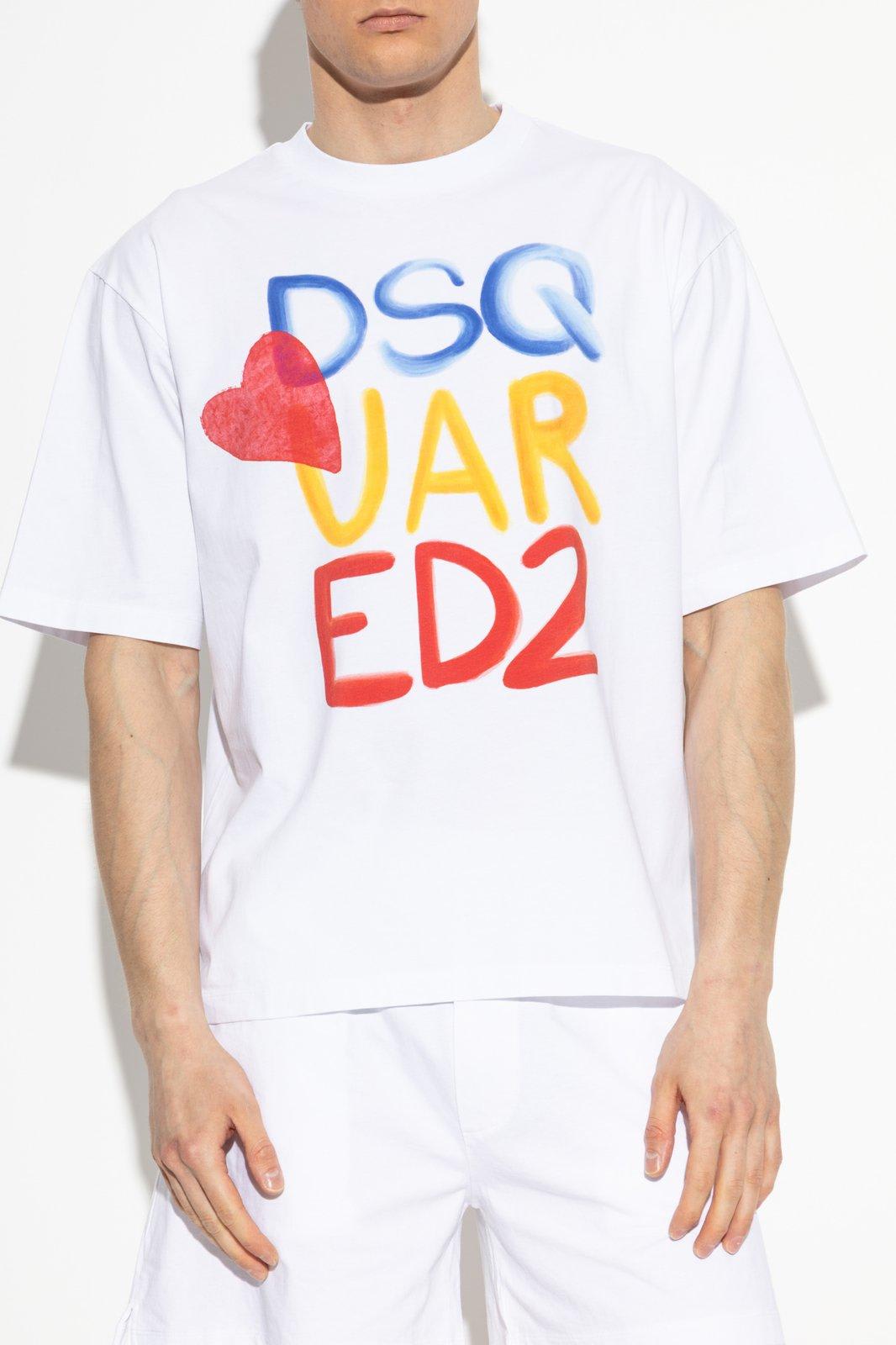 Dsquared2 White Round Neck T Shirt With Printed Maxi Logo On The Front And Heart Detail In Cotton Woman