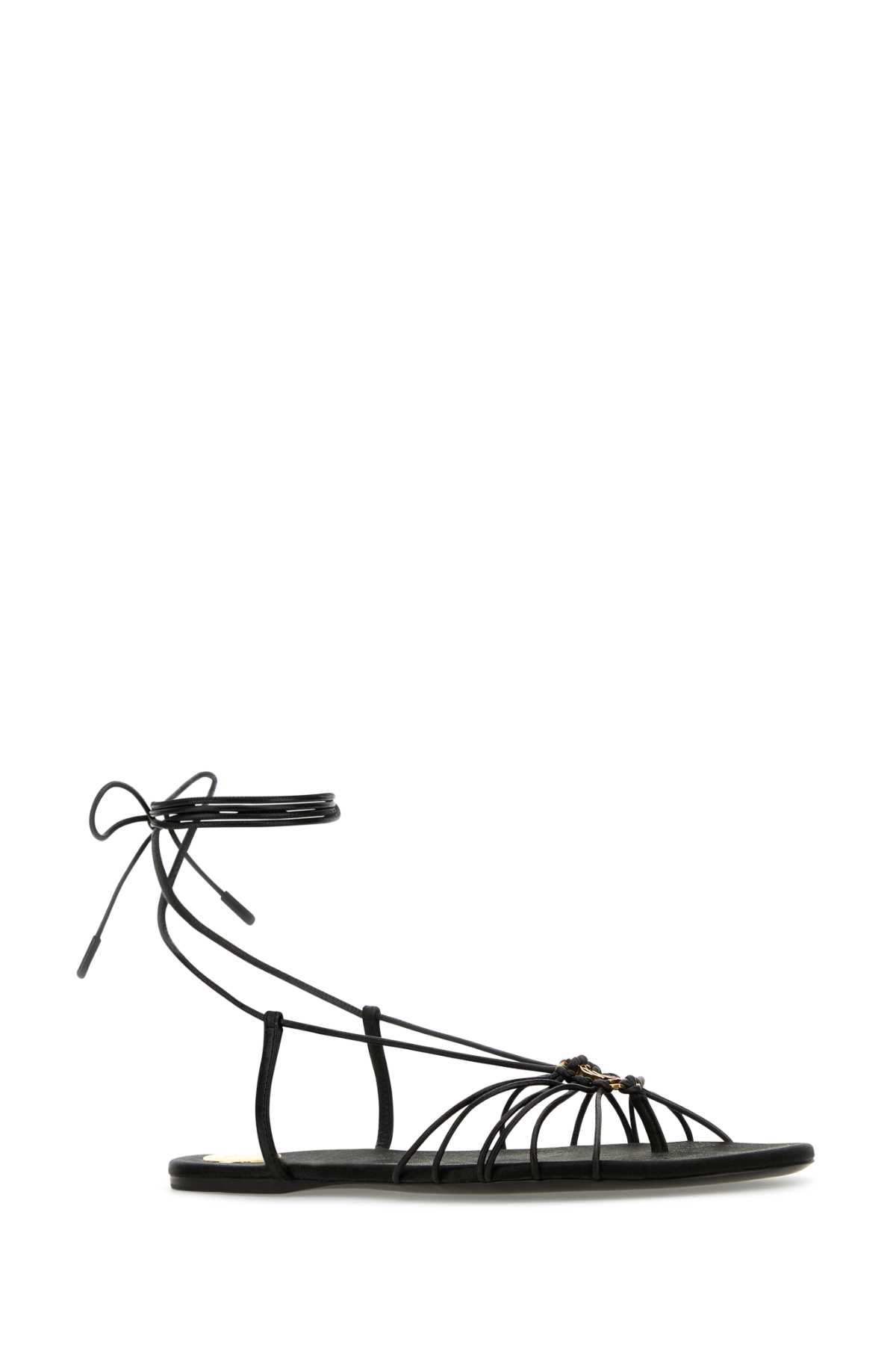 Saint Laurent Black Sandals With Cassandre Logo And Laces Around The Ankle In Leather Woman In Neronero