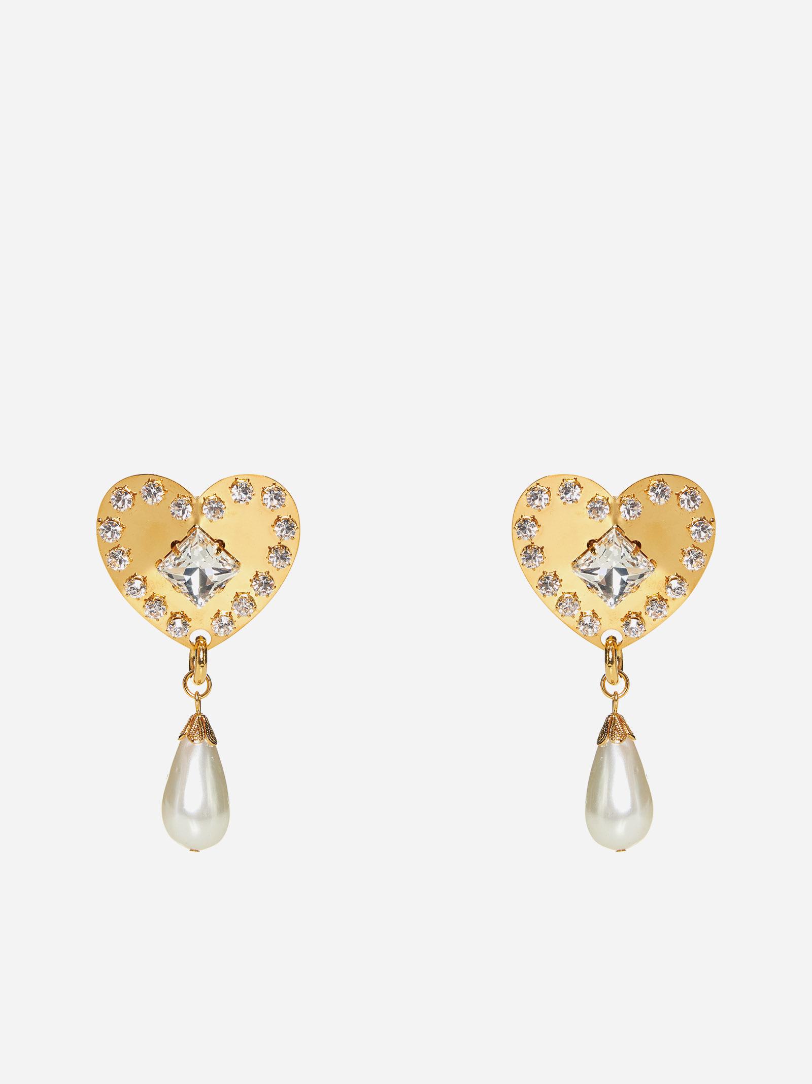 Shop Alessandra Rich Heart Crystals And Pearl Earrings In Gold/white
