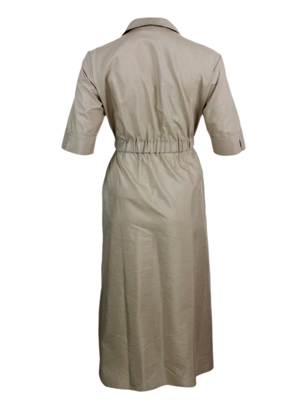 Shop Barba Napoli Long Dress Made Of Cotton With Short Sleeves, With Elastic Waist And Button Closure. Welt Pockets In Beige