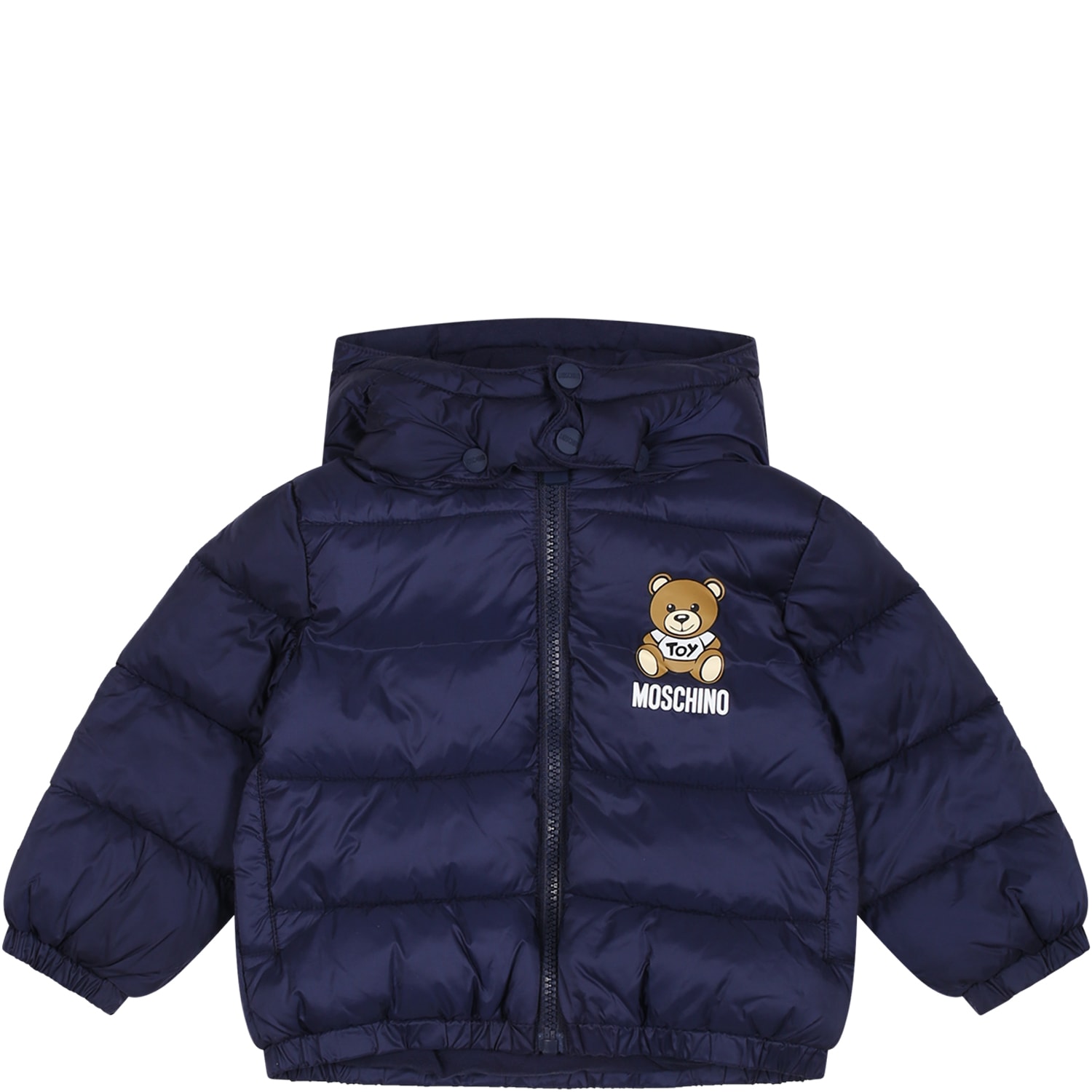 Shop Moschino Blue Jacket For Baby Boy With Teddy Bear And Logo
