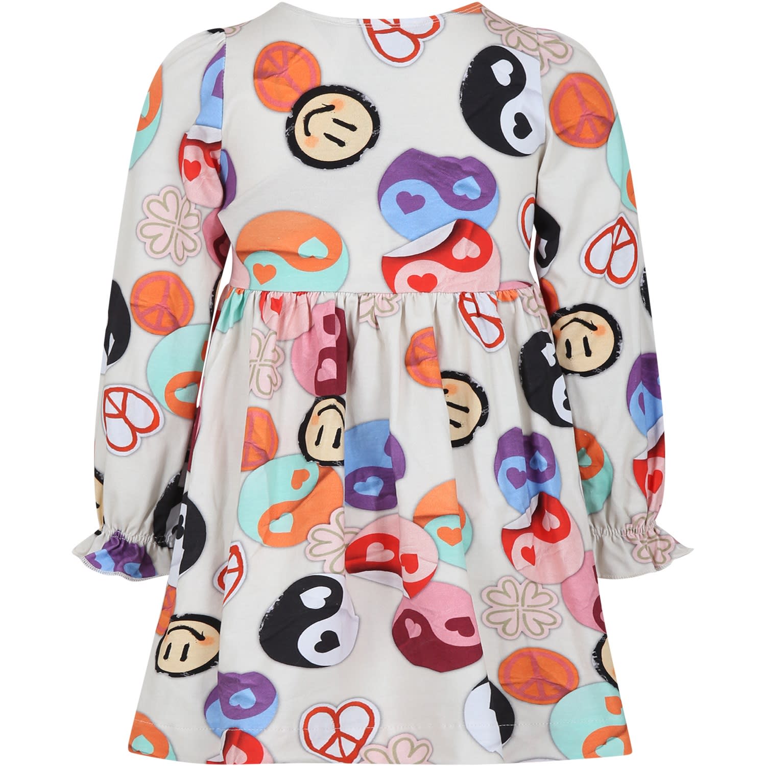 Shop Molo Ivory Dress For Girl With Smiley And Yin And Yang Print In Multicolor