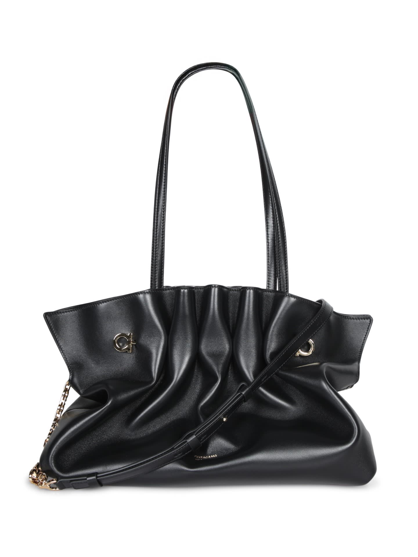 Ferragamo Black Crossbody Bag With Embossed Logo Lettering On The Front And Gancini In Leather Woman