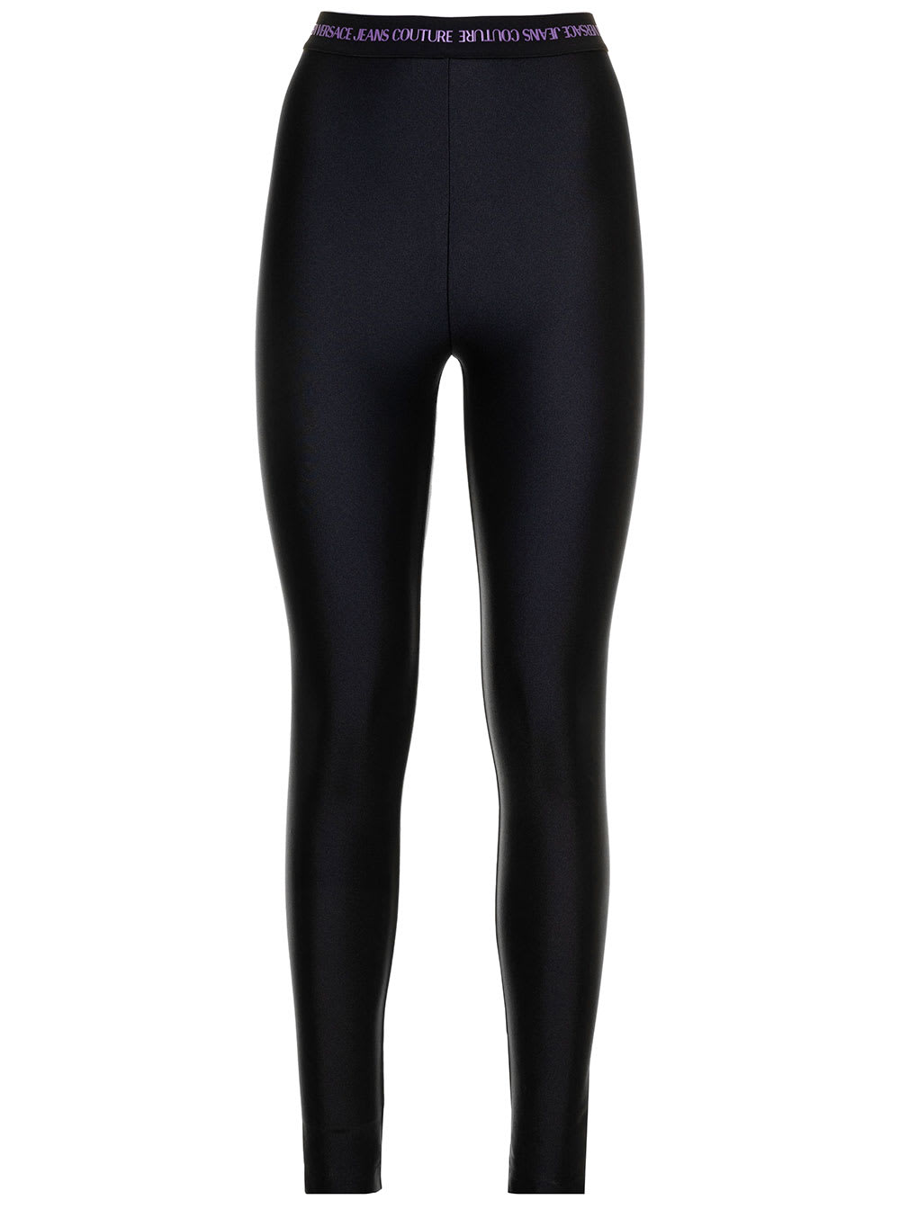 Versace Jeans Couture Black Leggings In Stretch Fabric With Elastic Waist With Contrast Jacquard Logo Woman