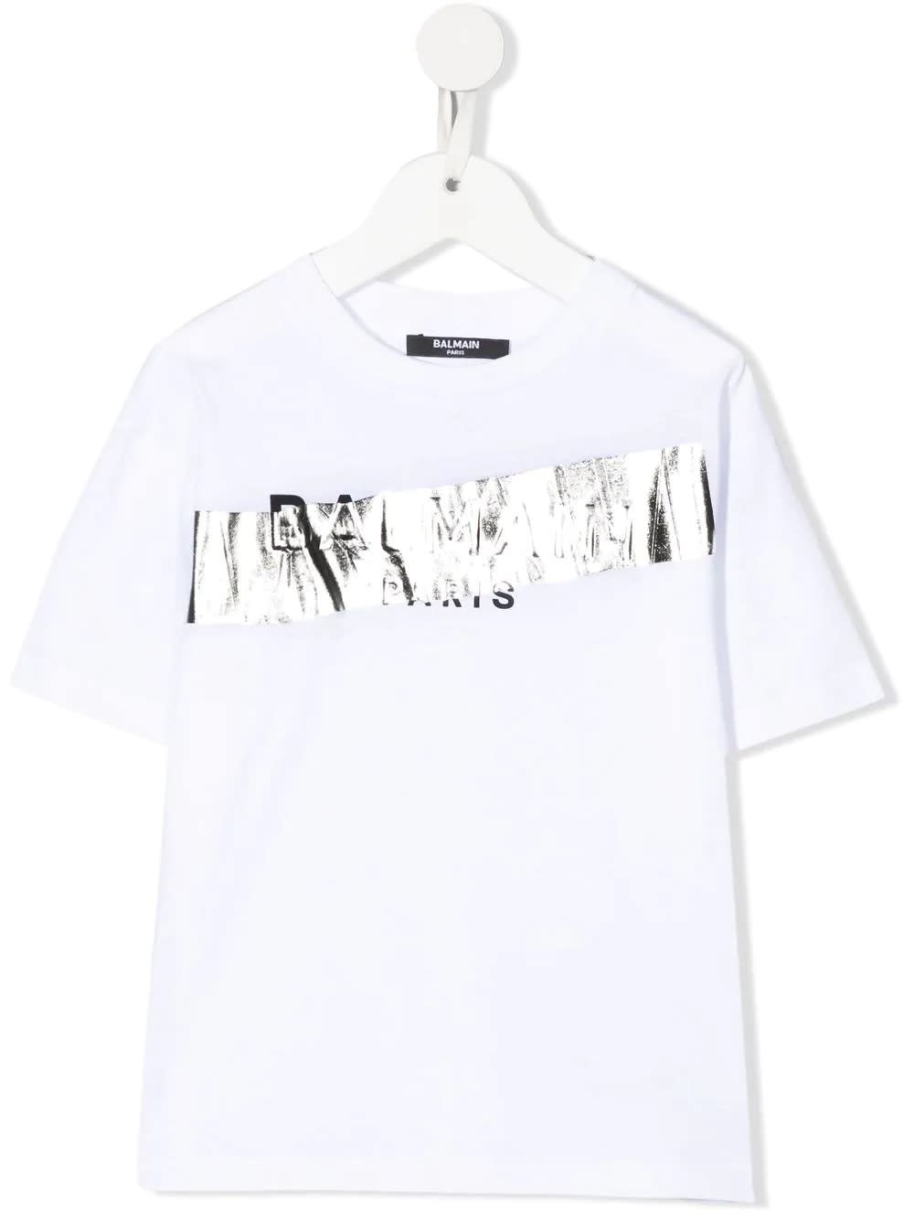 Kids White T-shirt With Silver Balmain Logo