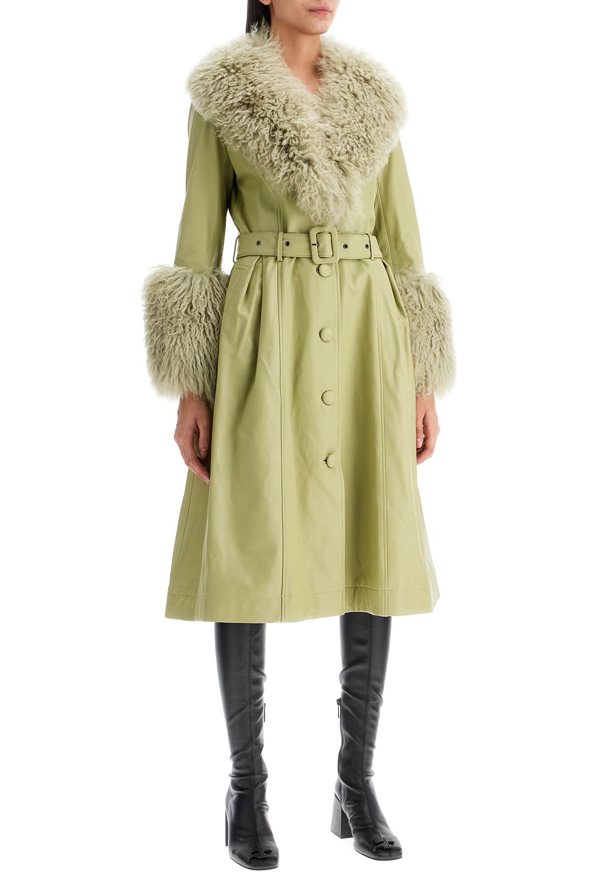 Shop Saks Potts Foxy Leather And Shearling Long Coat In Sage (green)