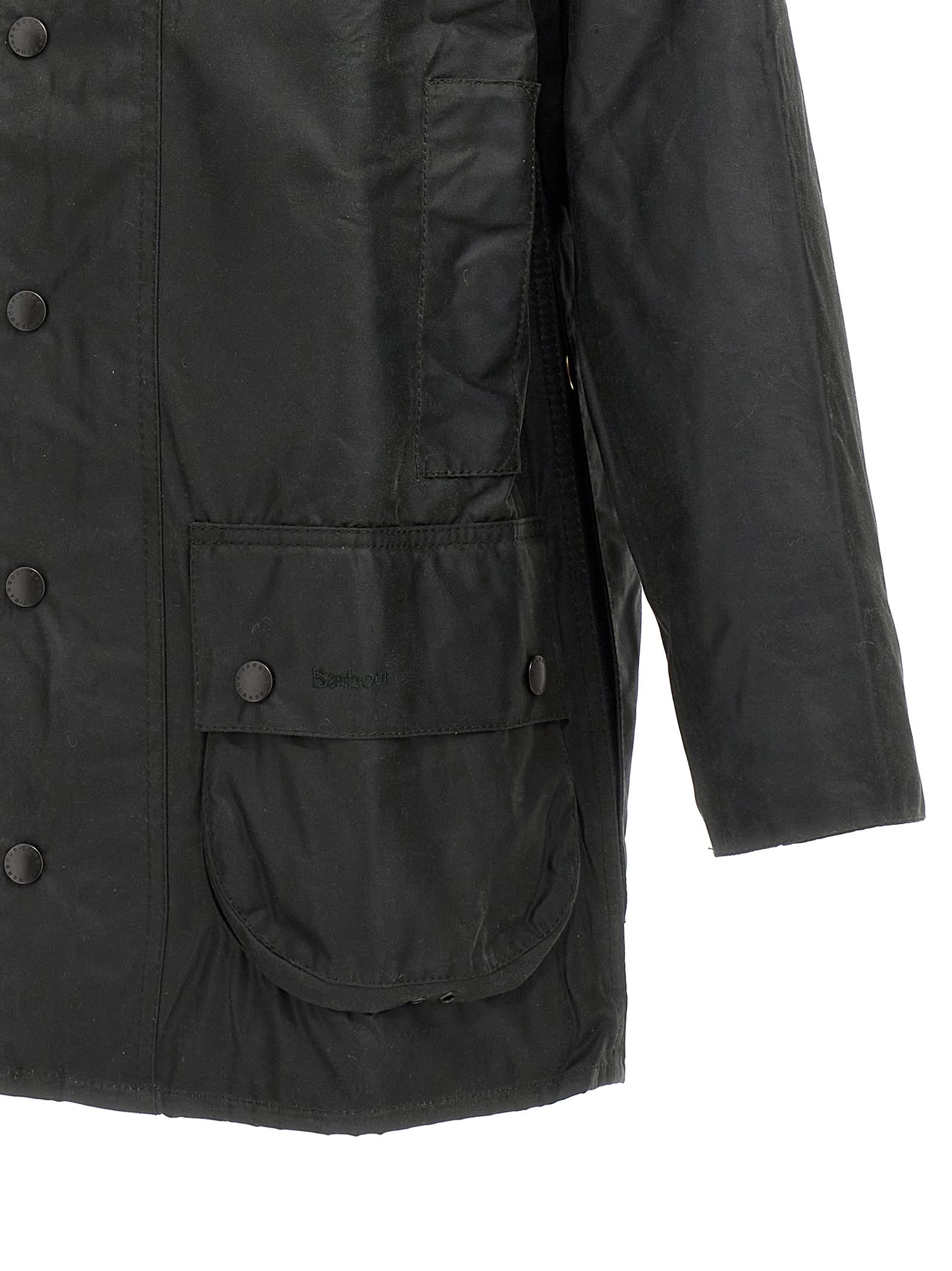 Barbour Beaufort Waxed Cotton Jacket With Corduroy Collar And Multiple Pockets In Black