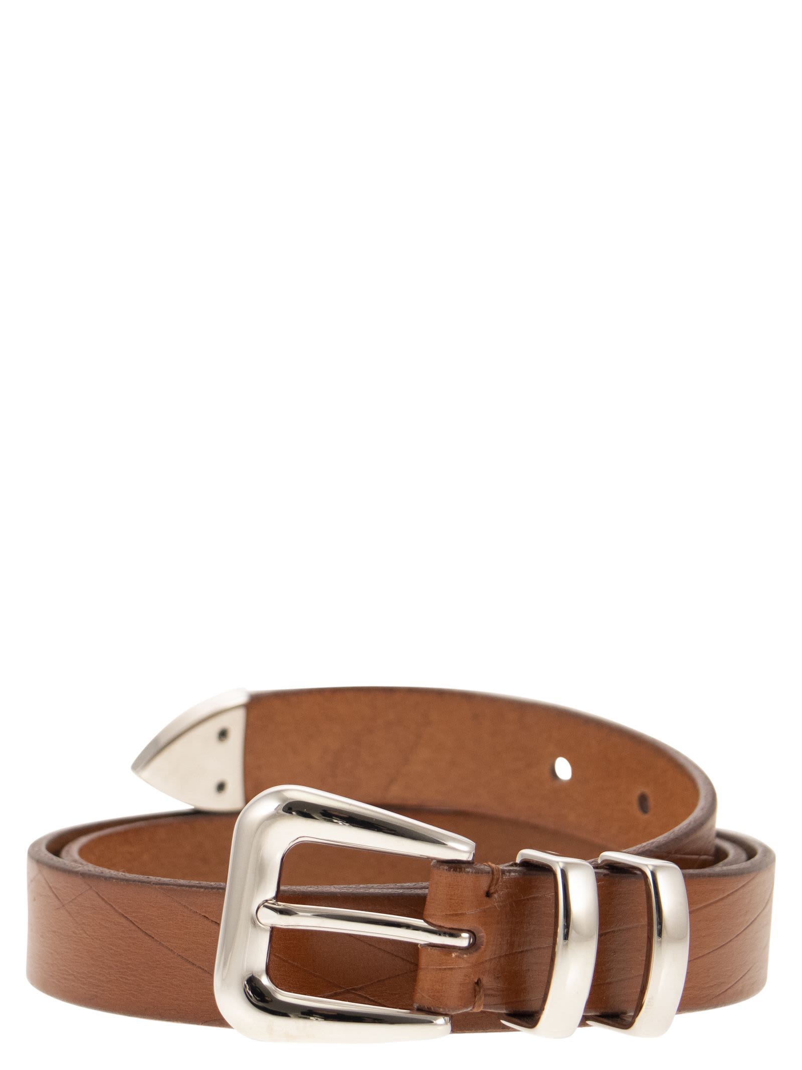 BRUNELLO CUCINELLI LEATHER SCRATCHED BELT WITH TIP