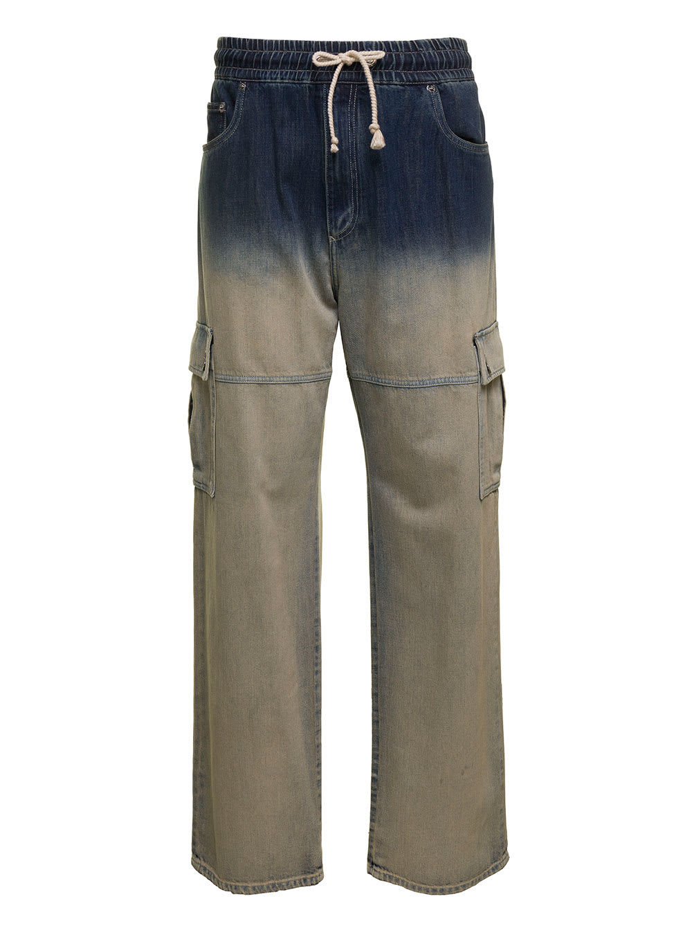 Shop Dolce & Gabbana Blue And Beige Cargo Trousers With Logo Plaque And Gradient Effect In Cotton Denim Man