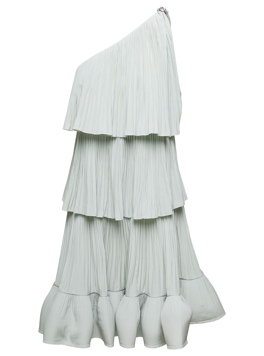 Sage-green Pleated One-shoulder Dress In Polyester Woman