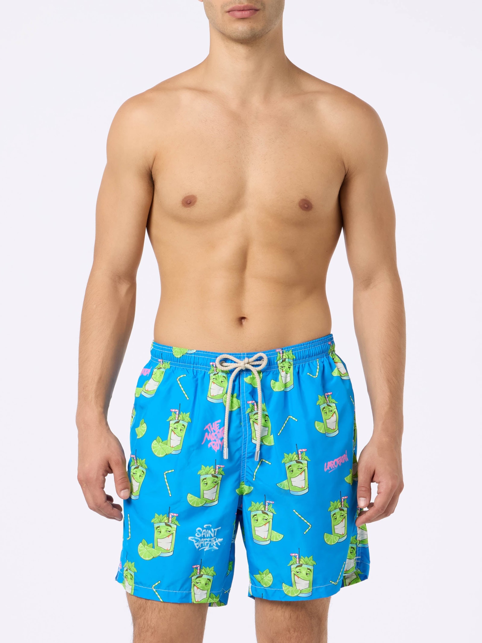 Mc2 Saint Barth Man Lightweight Fabric Swim-shorts Lighting With Cryptopuppets Print Cryptopuppets Special Edition In Blue