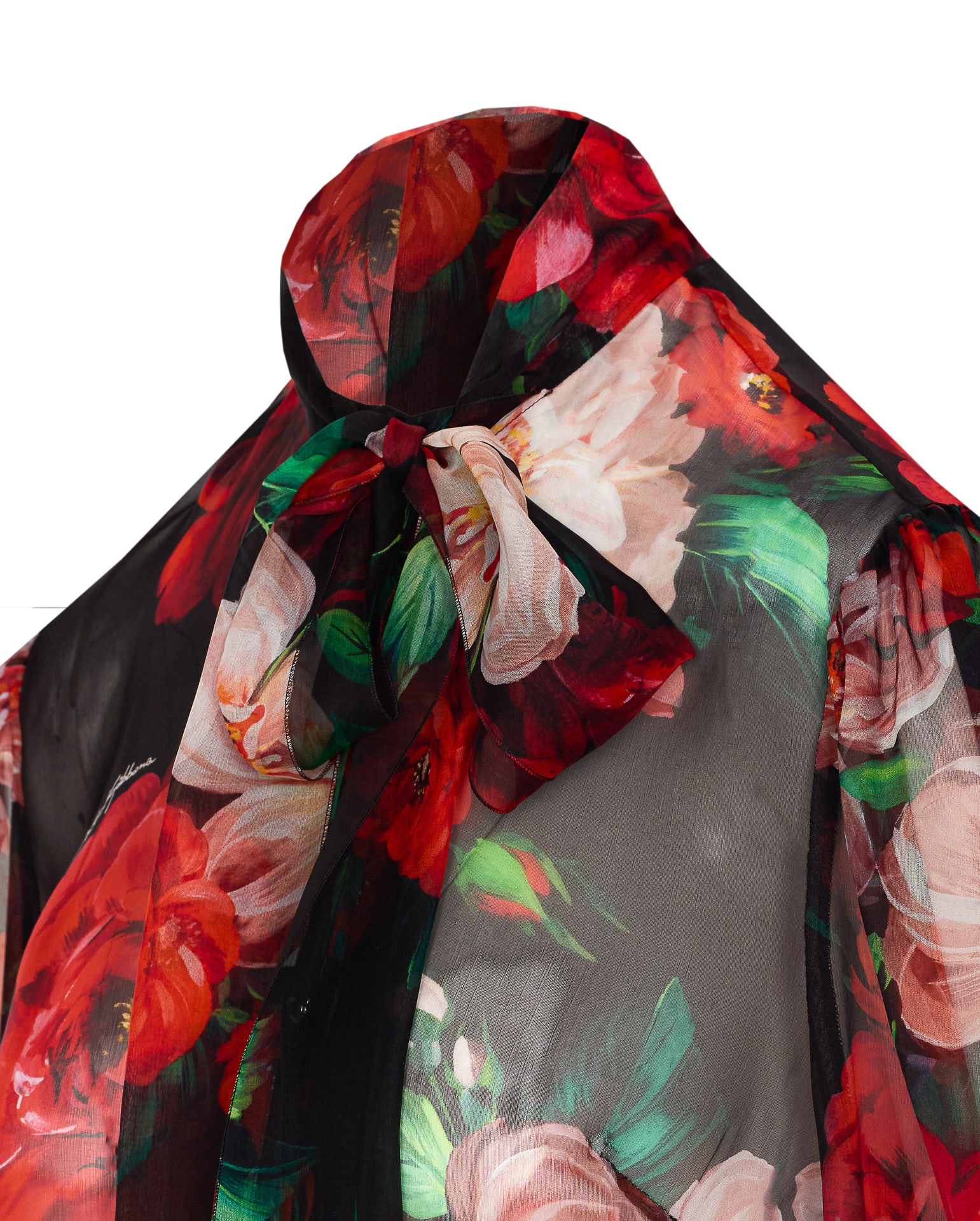 Dolce & Gabbana Shirt With Bow In Chiffon With Floral Print In Bouquetfioriantichifondonero