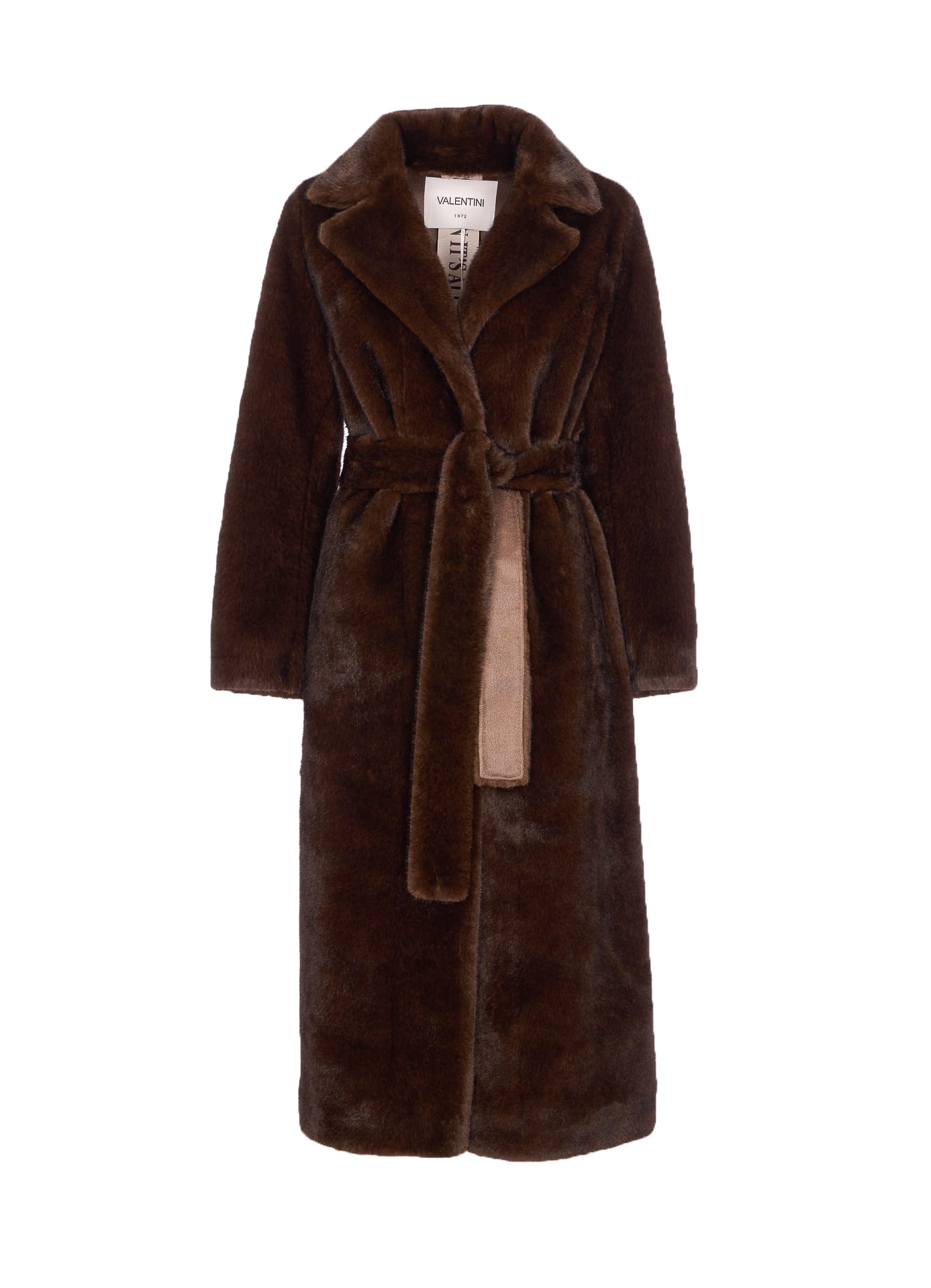 Valentini 1972 Brown Coat With Waist Belt In Faux Fur Woman In Brown