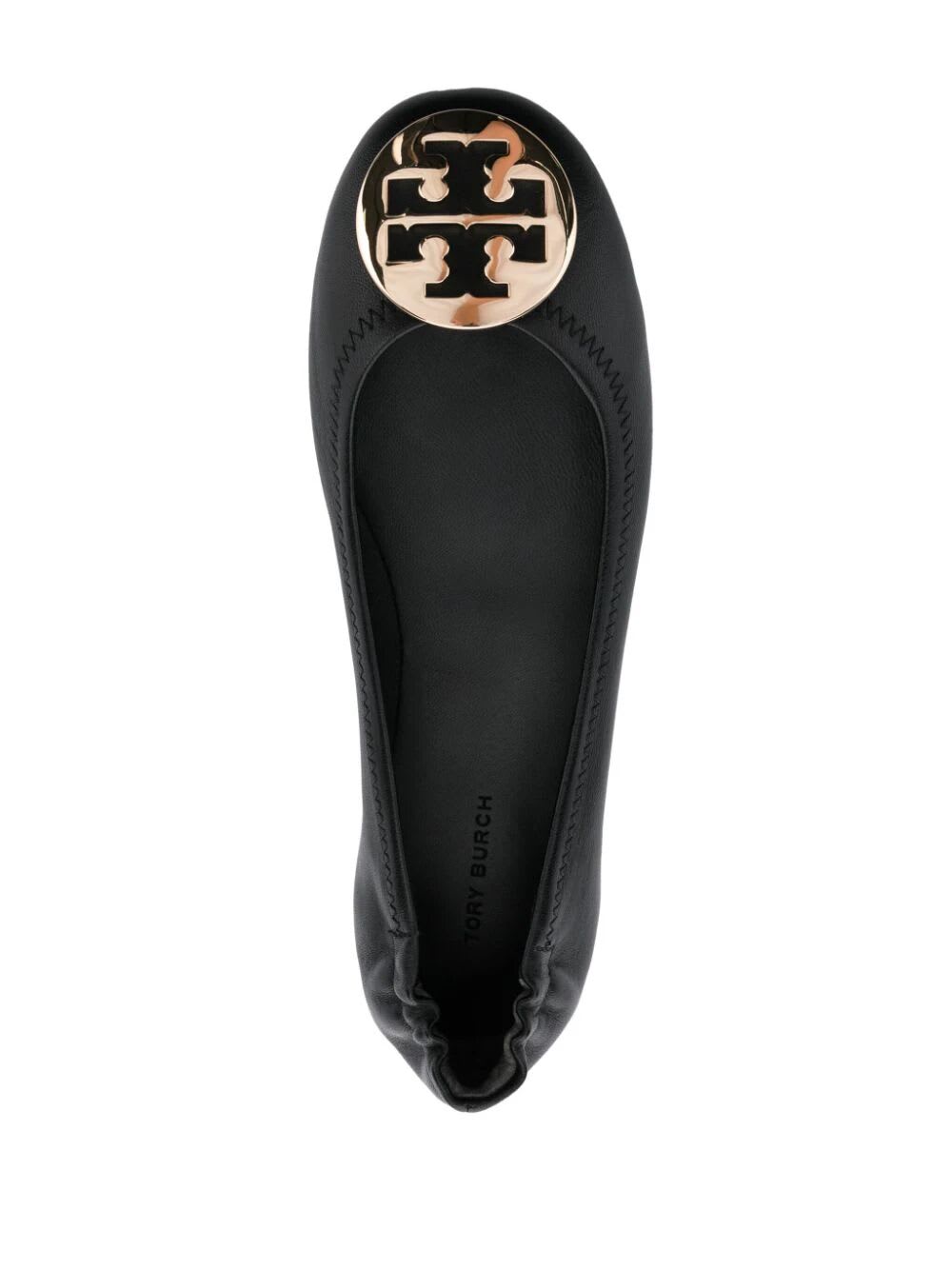 Shop Tory Burch Minnie Travel Ballet With Metal Logo In Perfect Black Gold