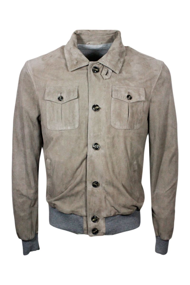 Barba Napoli Bomber Jacket In Soft Stretch Suede With Button Closure And Cuffs And Knitted Bottom. Interior In Co In Beige