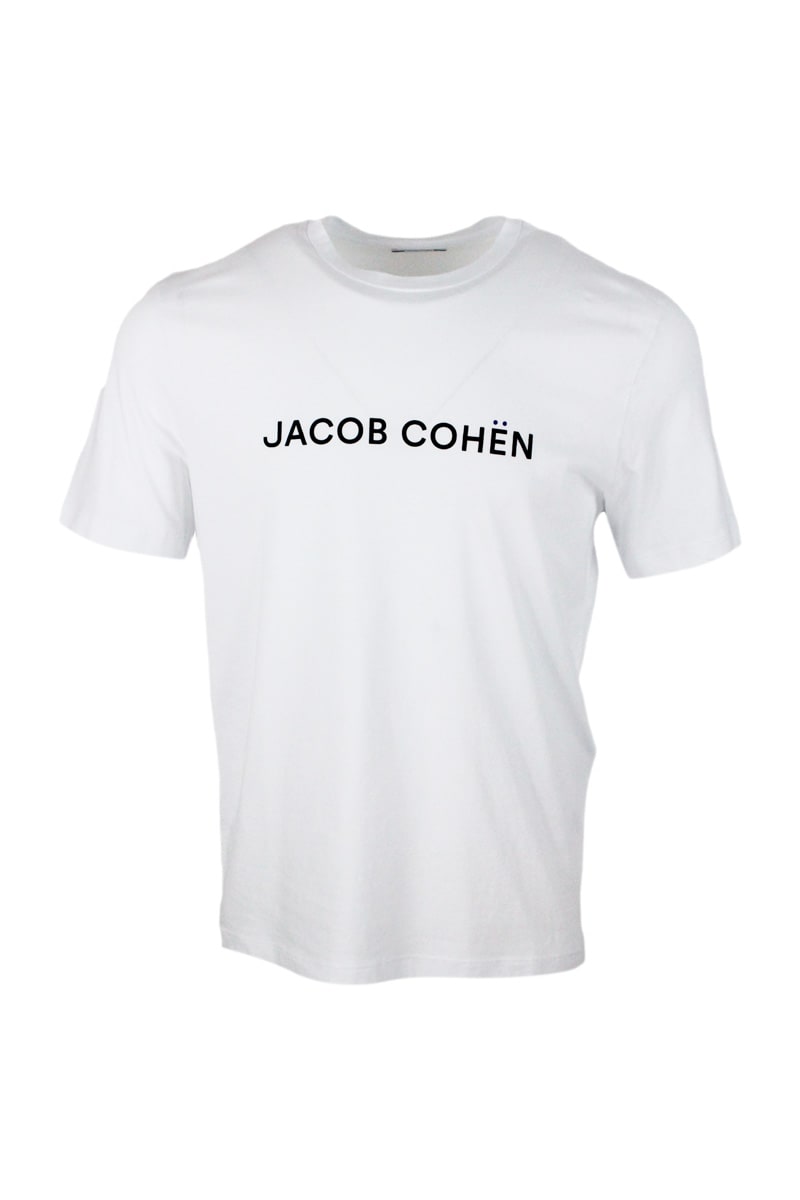 Shop Jacob Cohen Short-sleeved Crew-neck T.shirt In Stretch Cotton Jersey With Logo On The Chest In White