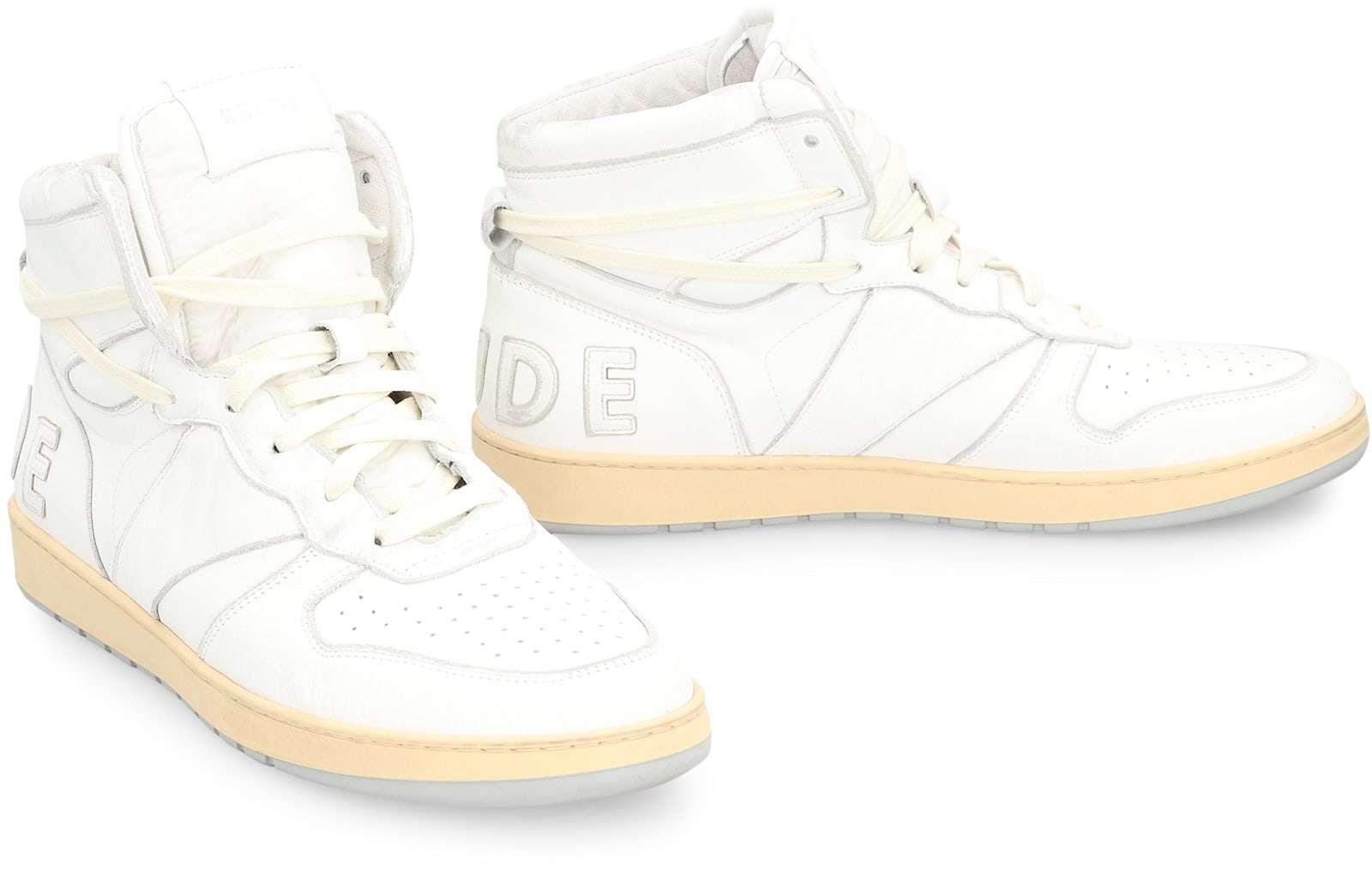 Rhude Rhecess Distressed Leather High-top Sneakers In White