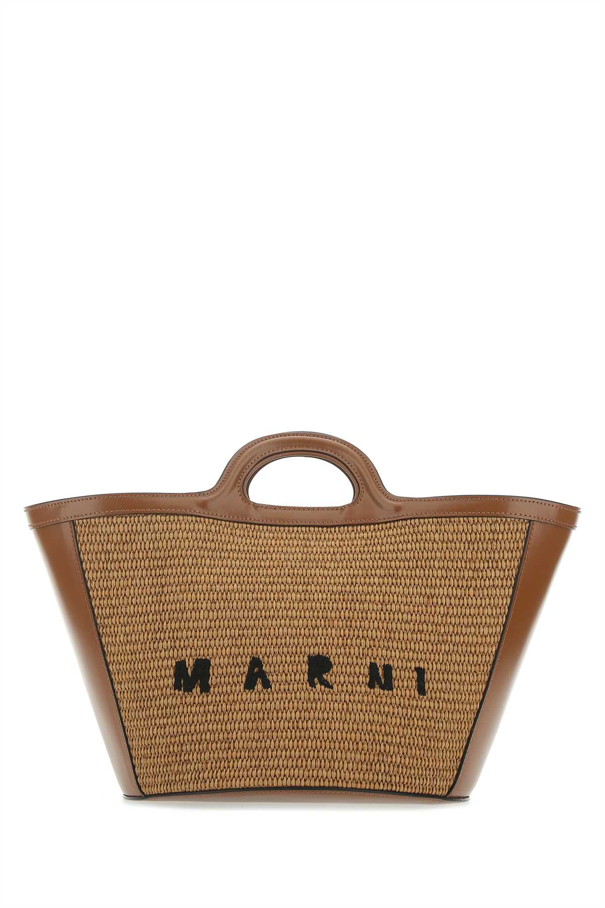 Shop Marni Two-tone Leather And Raffia Small Tropicalia Summer Handbag In Raw Sienna