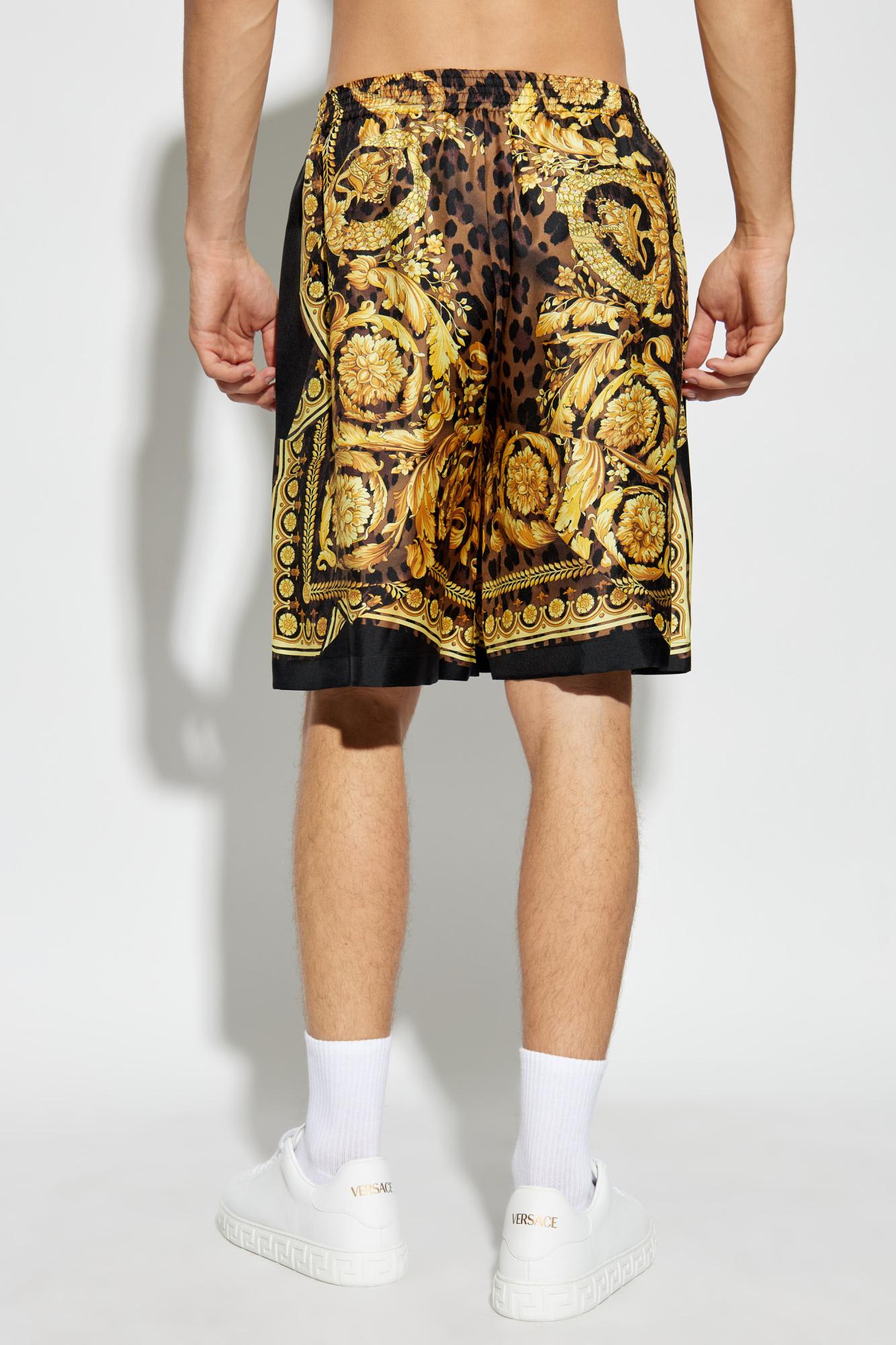 Shop Versace Silk Shorts In Golden