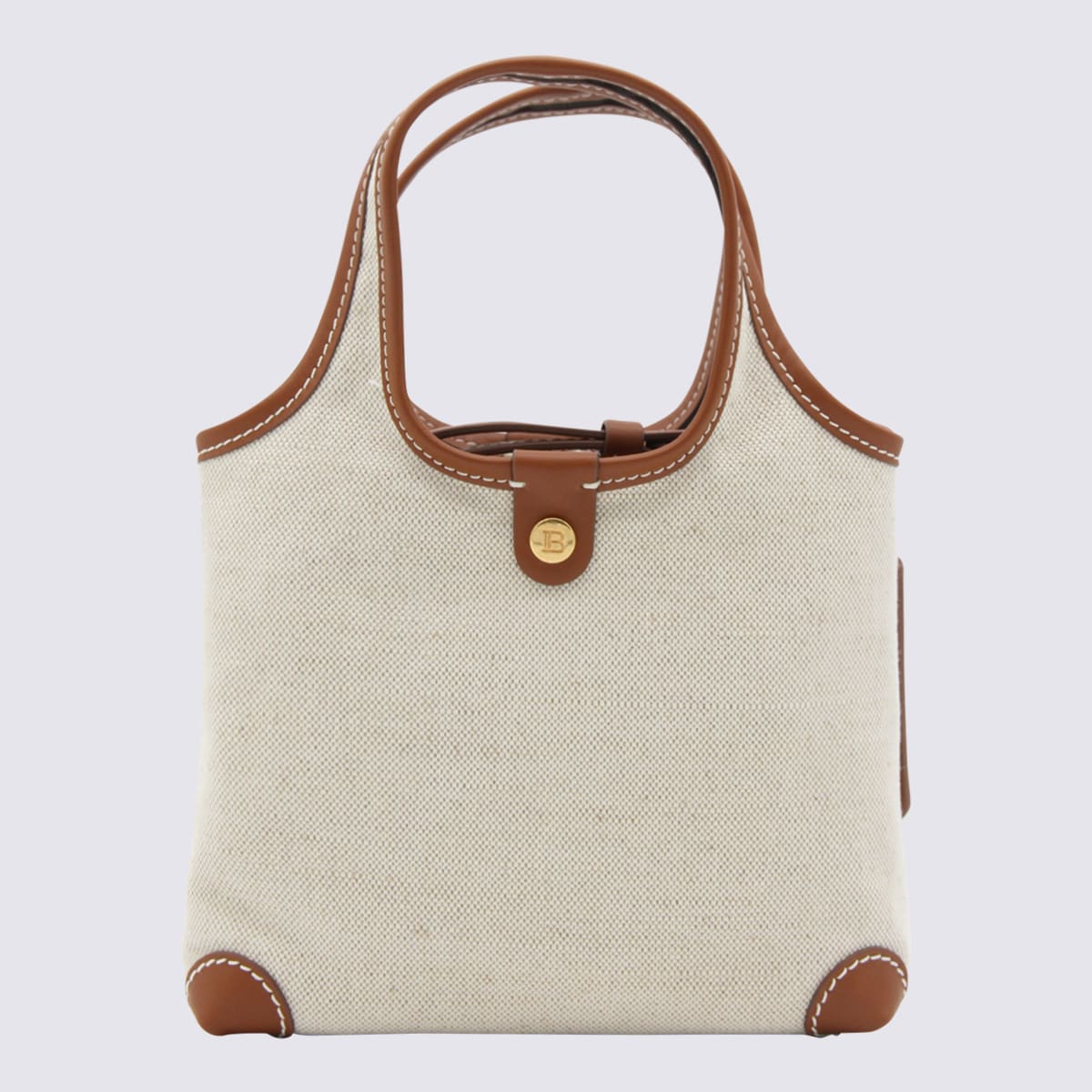 Shop Balmain Beige Canvas And Brown Leather Handle Bag In Naturel/marron