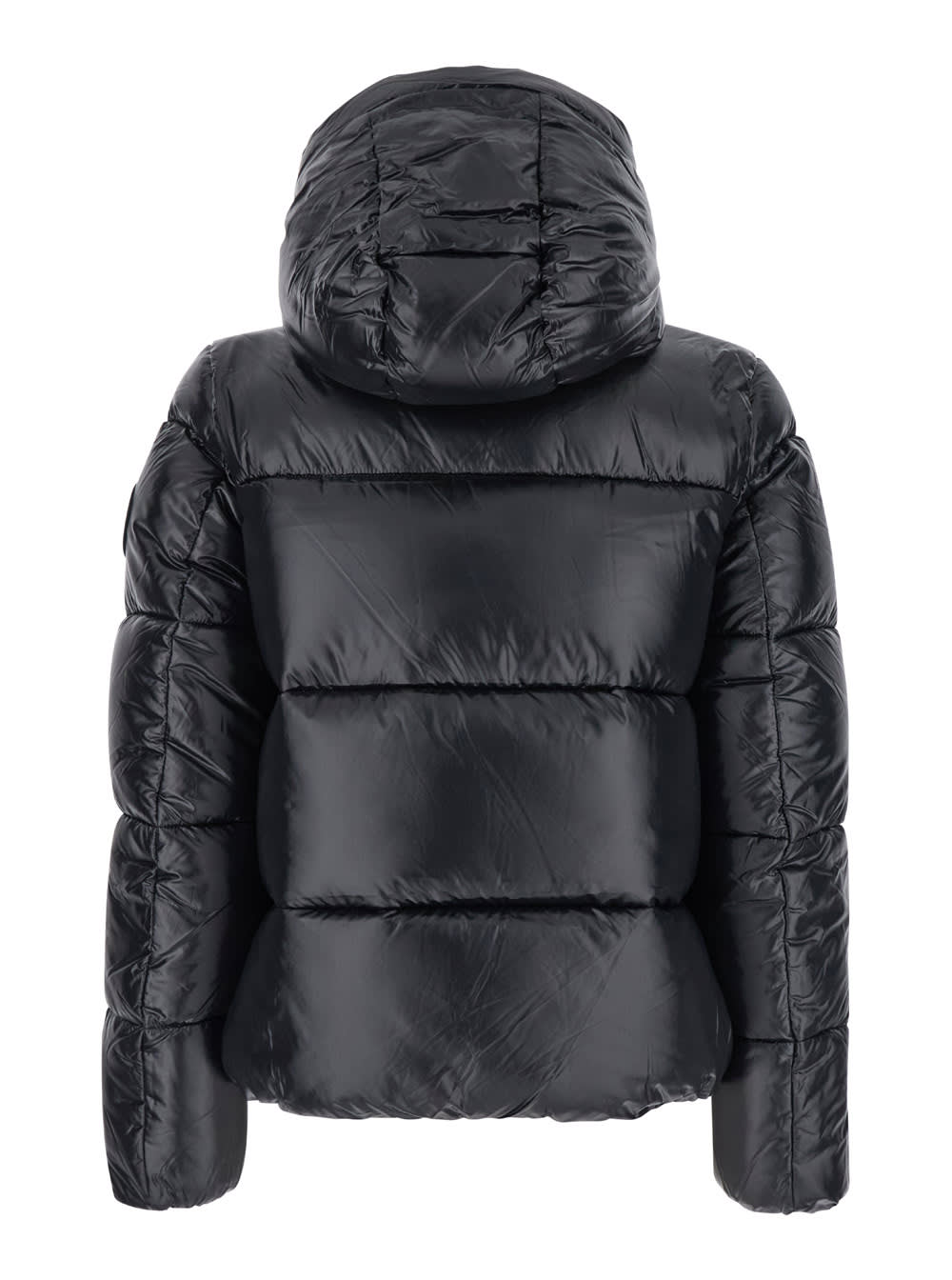 Shop Save The Duck Biddy Black Down Jacket With Hood And Logo Patch On The Sleeve In Tech Fabric Man