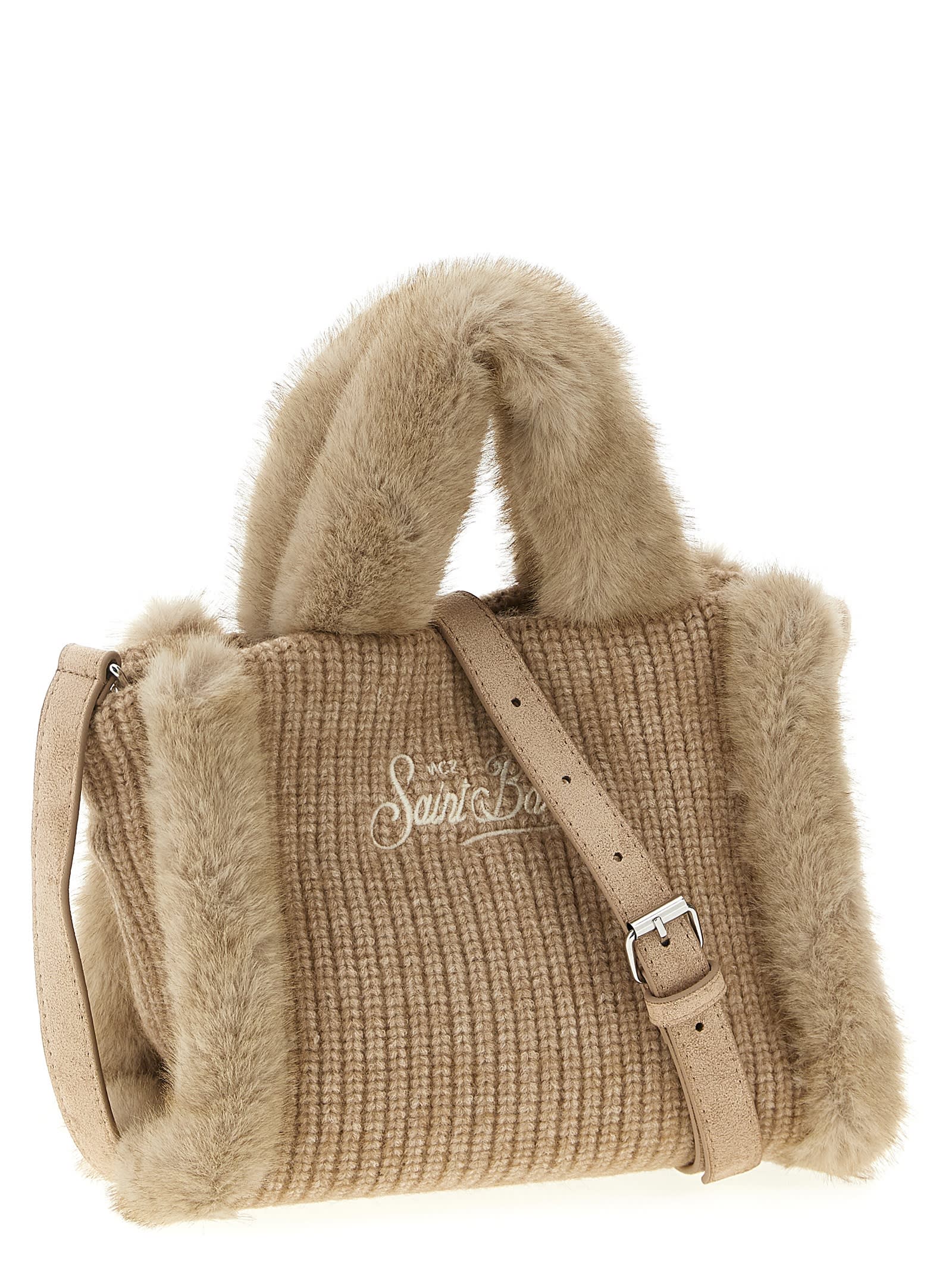 Mc2 Saint Barth Vanity Mini Shearling Rib Hand Bags Beige In Brown