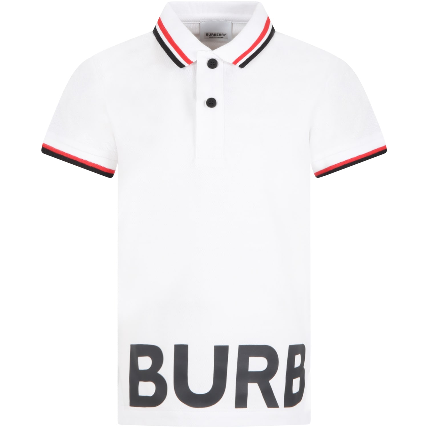Burberry White Polo Shirt For Boy With Black Logo