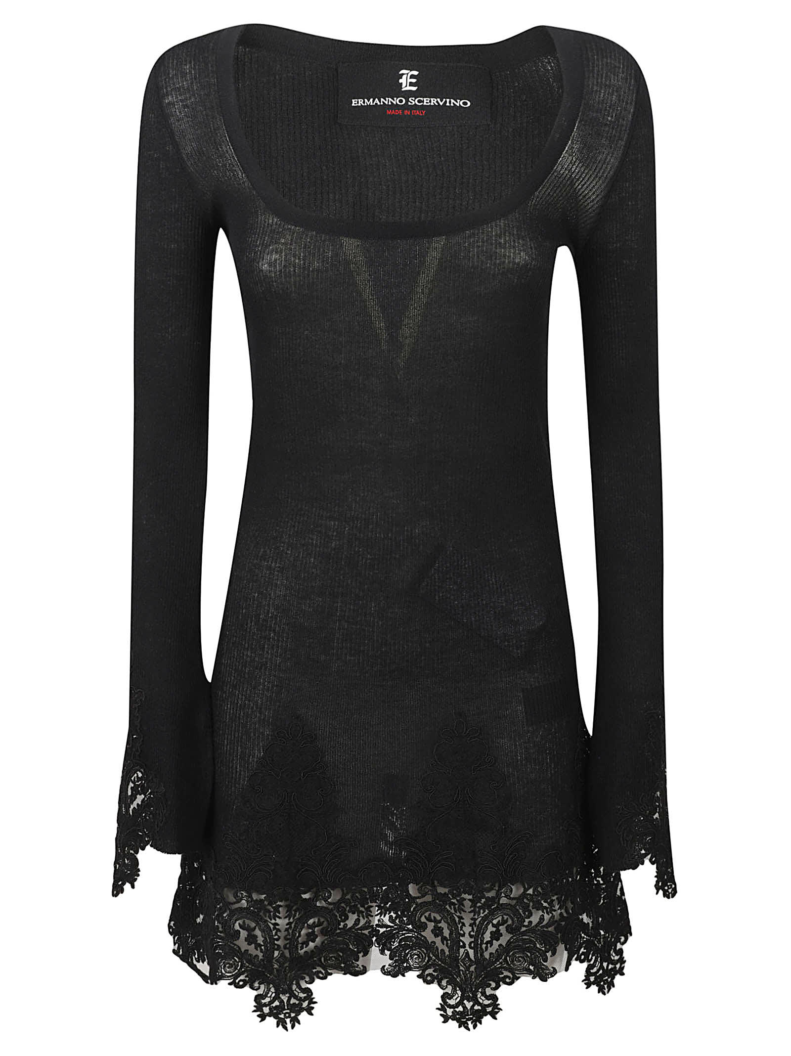 Ermanno Scervino Square Neck Lace Paneled Knit Dress In Black