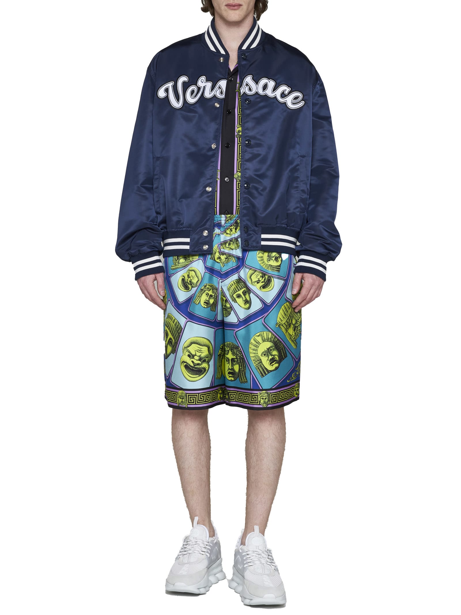 Versace Mask Print Silk Twill Shorts In Acid Green Teal