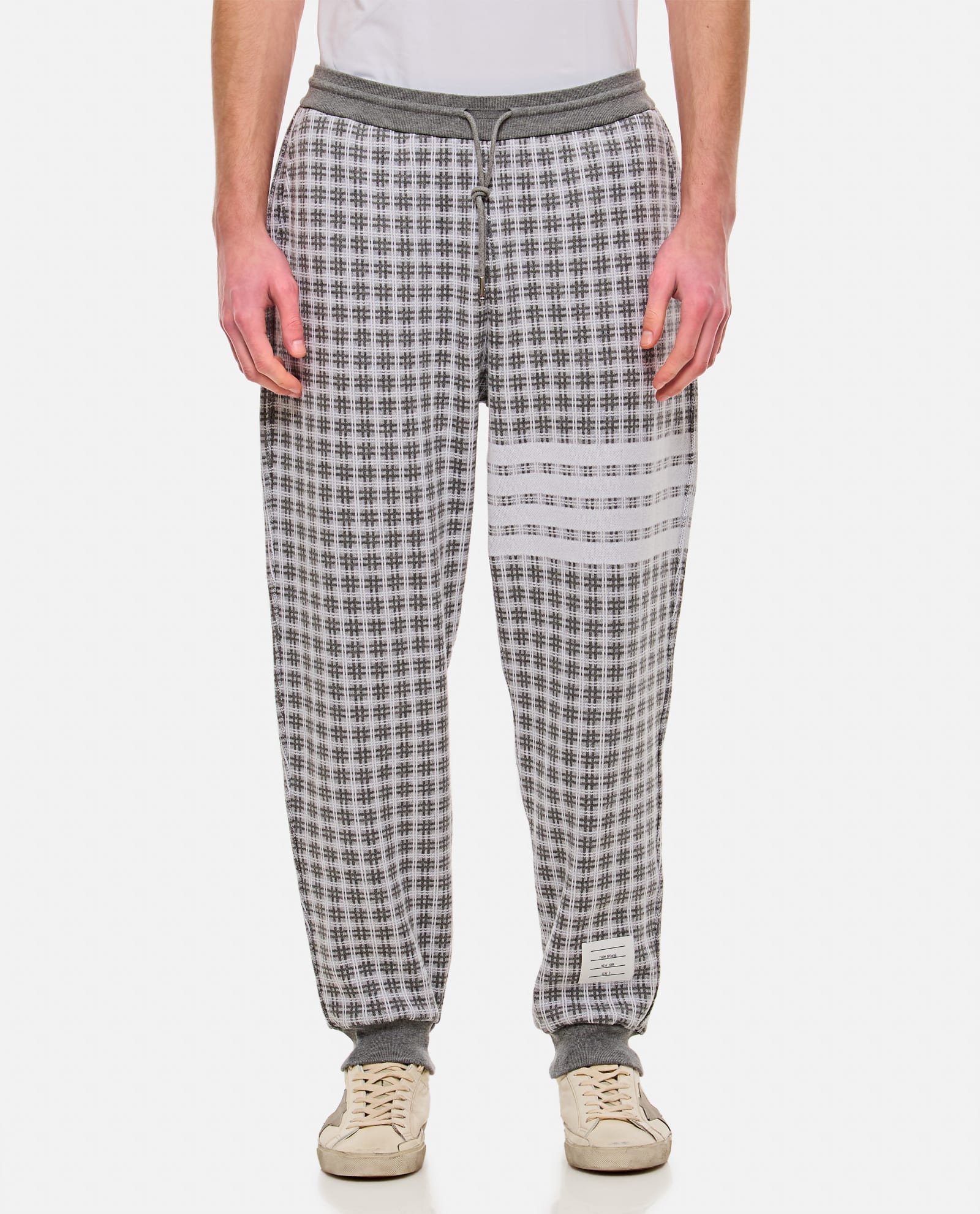 Shop Thom Browne Check 4 Bar Cotton Sweatpants In Grey