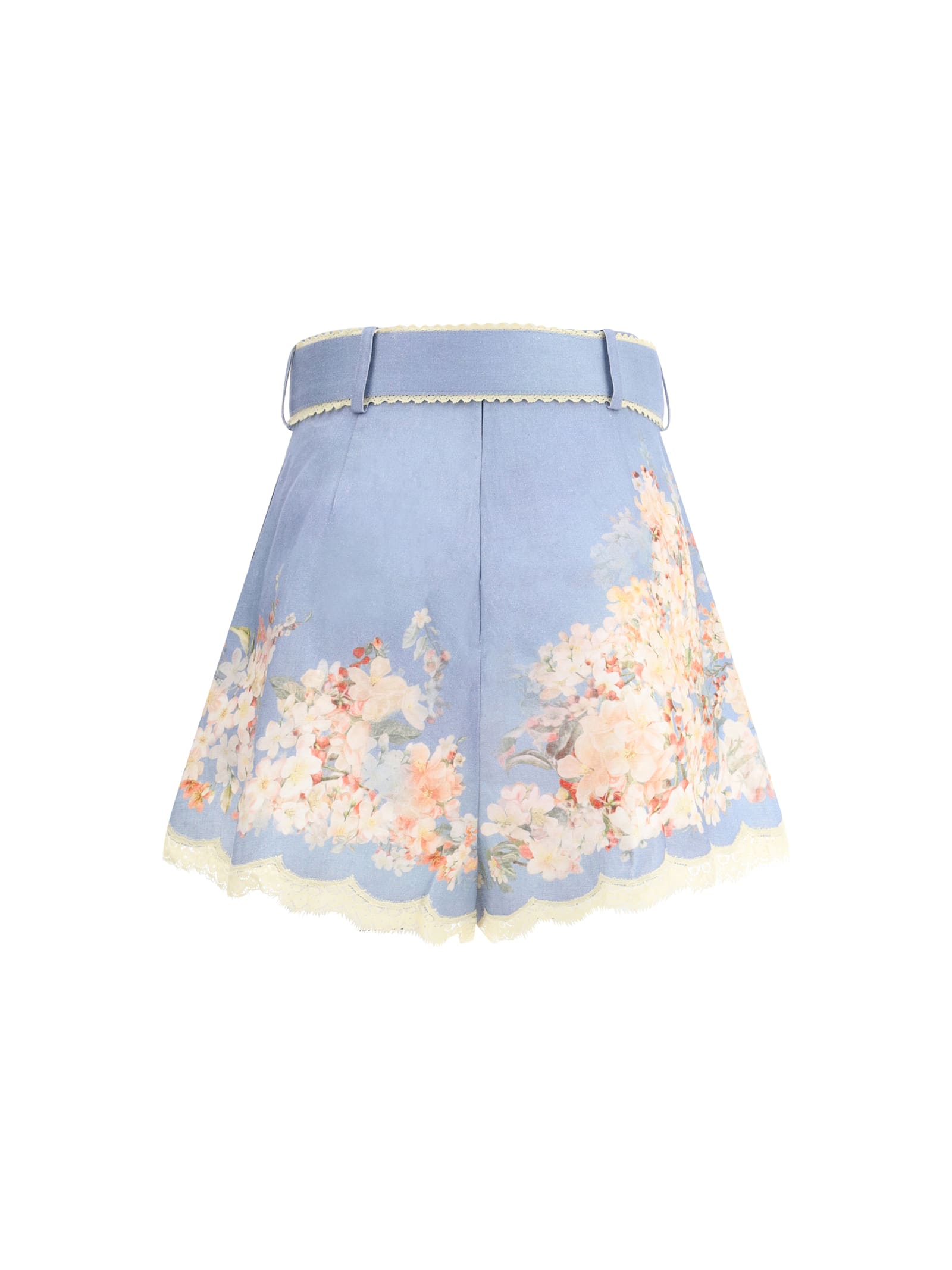Zimmermann Cascadian Belted Lace-trimmed Pleated Floral-print Linen Shorts In Blue