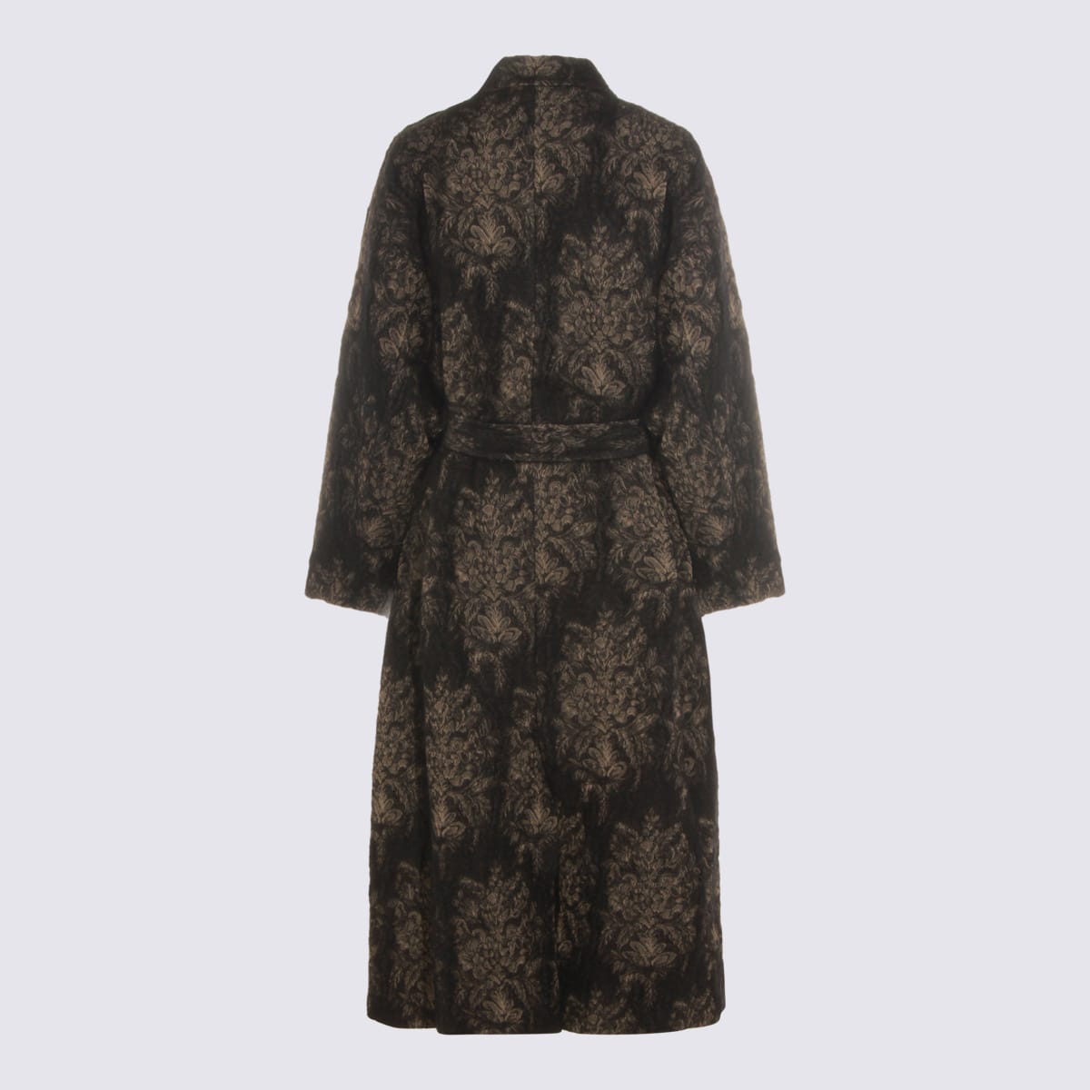 Uma Wang Floral Patterned Textured Coat Belted In Black