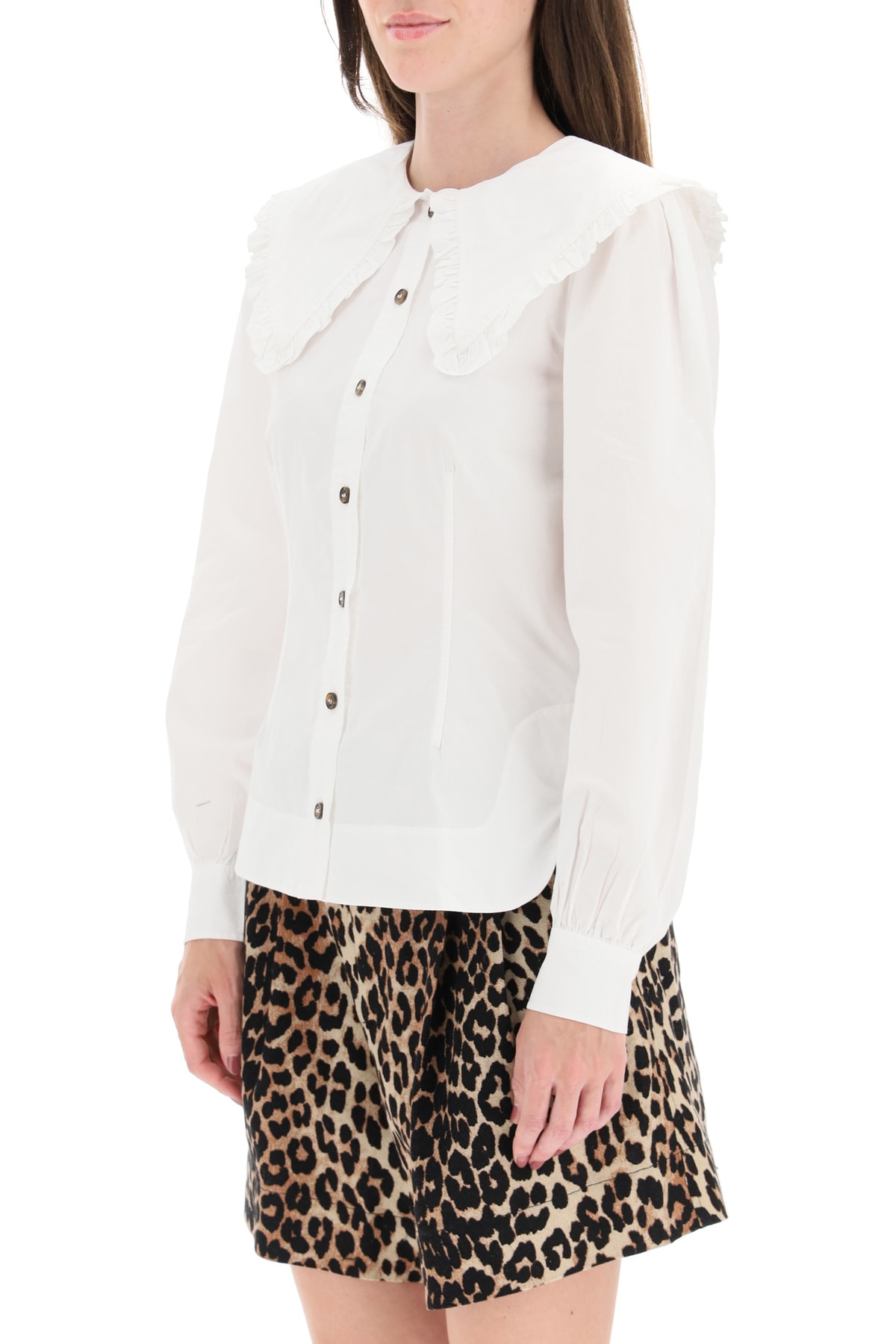 Shop Ganni Shirt With Oversize Collar In White