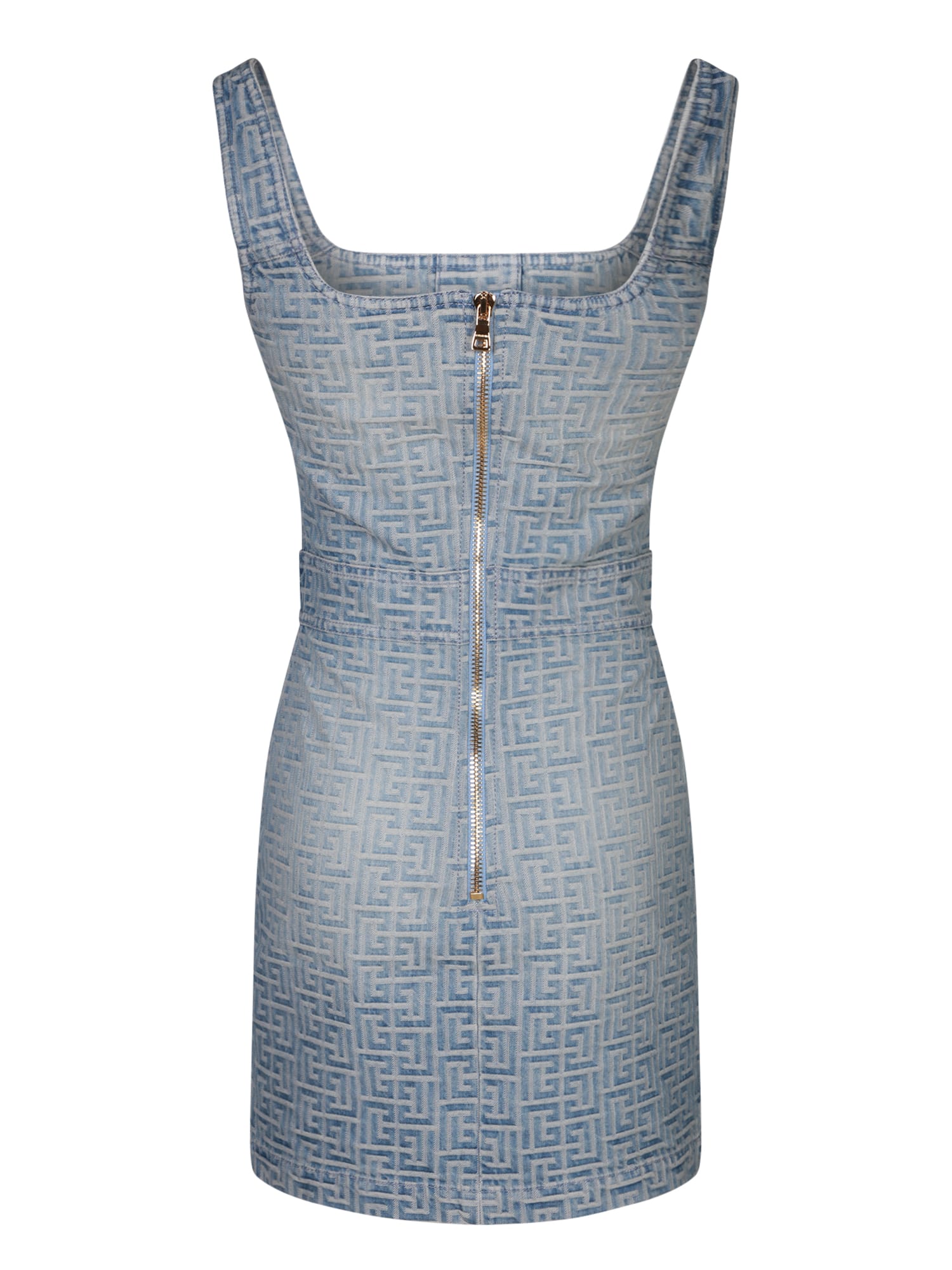 Shop Balmain Blue Denim Mini Dress With All-over Logo