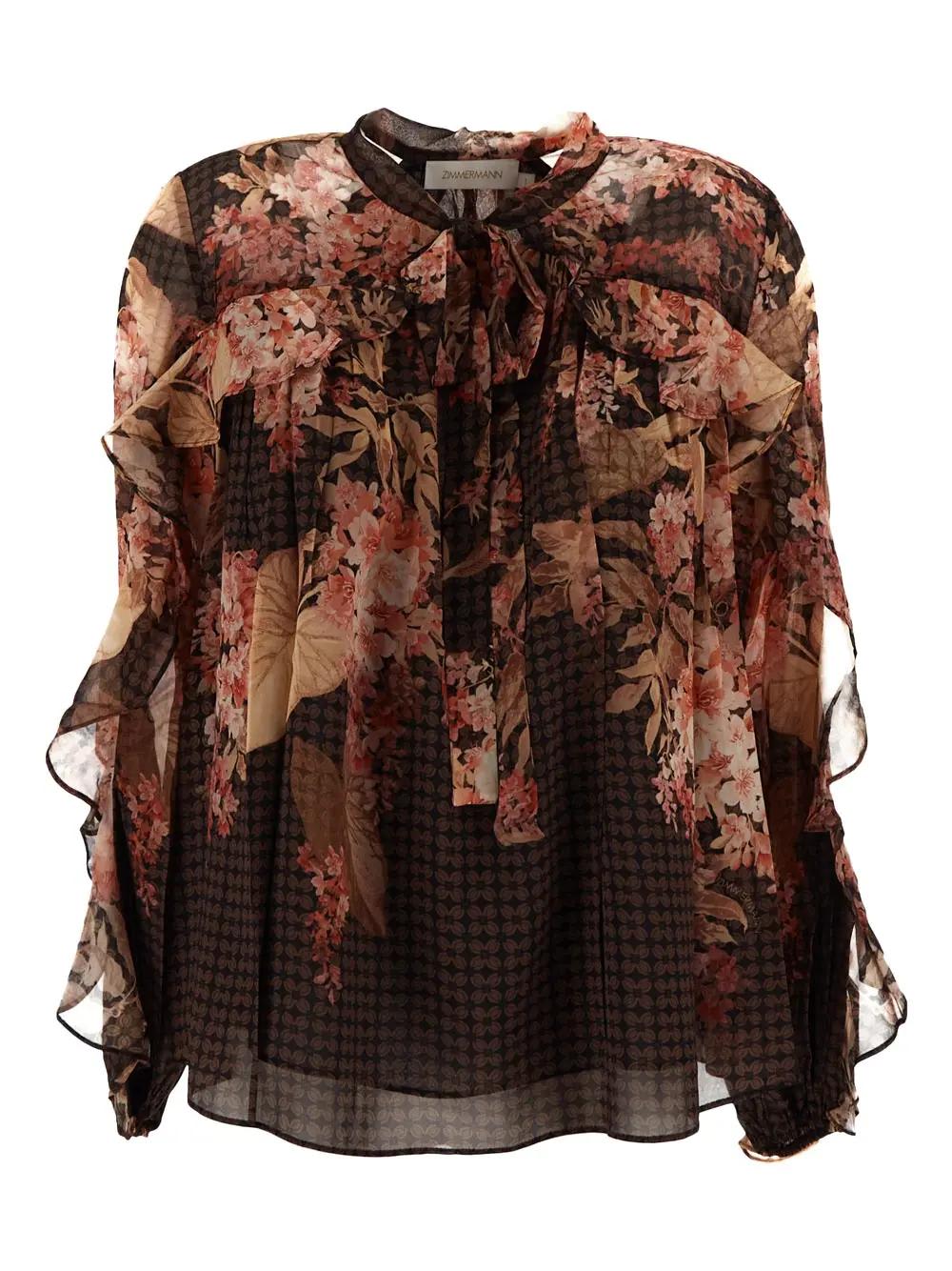 Zimmermann Womens Black Floral Illuminate Flutter Floral-print Sheer Blouse