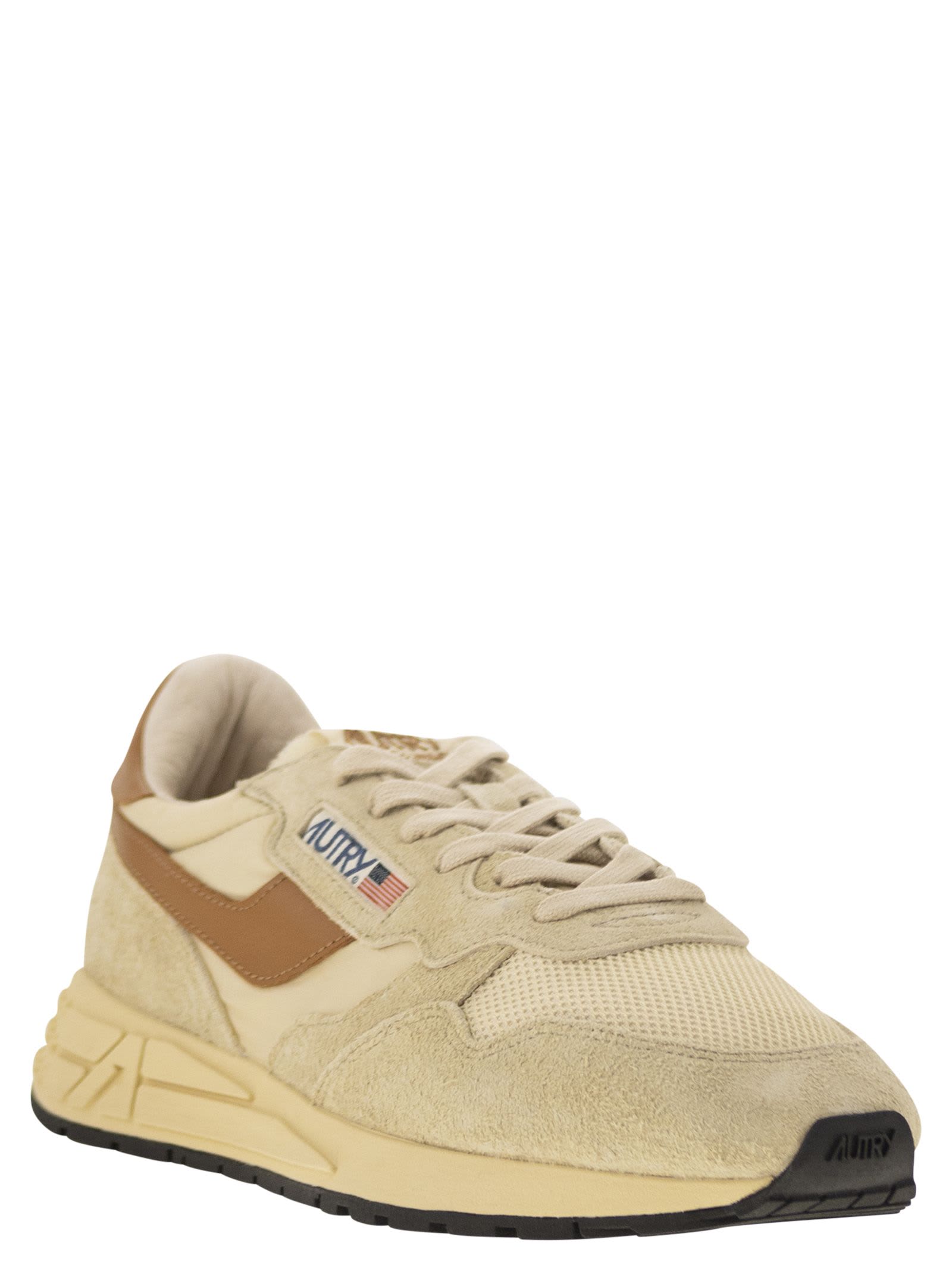 Autry Reelwind Suede And Technical Textile Trainer In Beige/brown