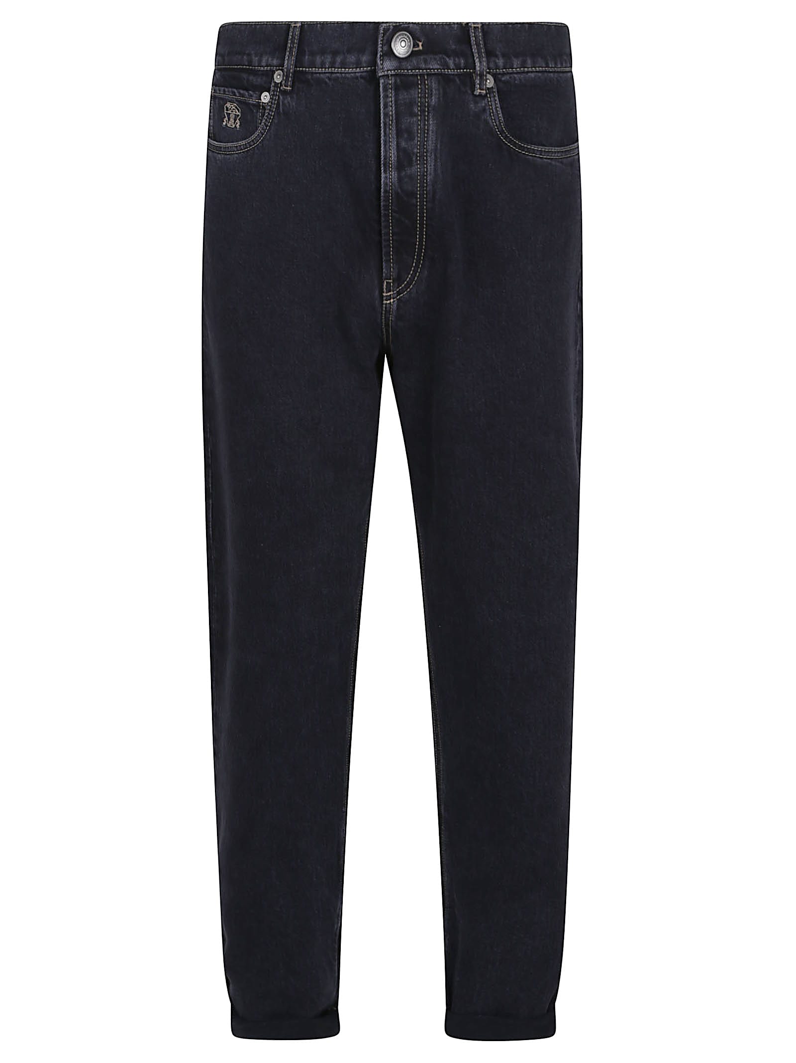 Brunello Cucinelli Logo-patch Cotton Tapered Jeans In Blue