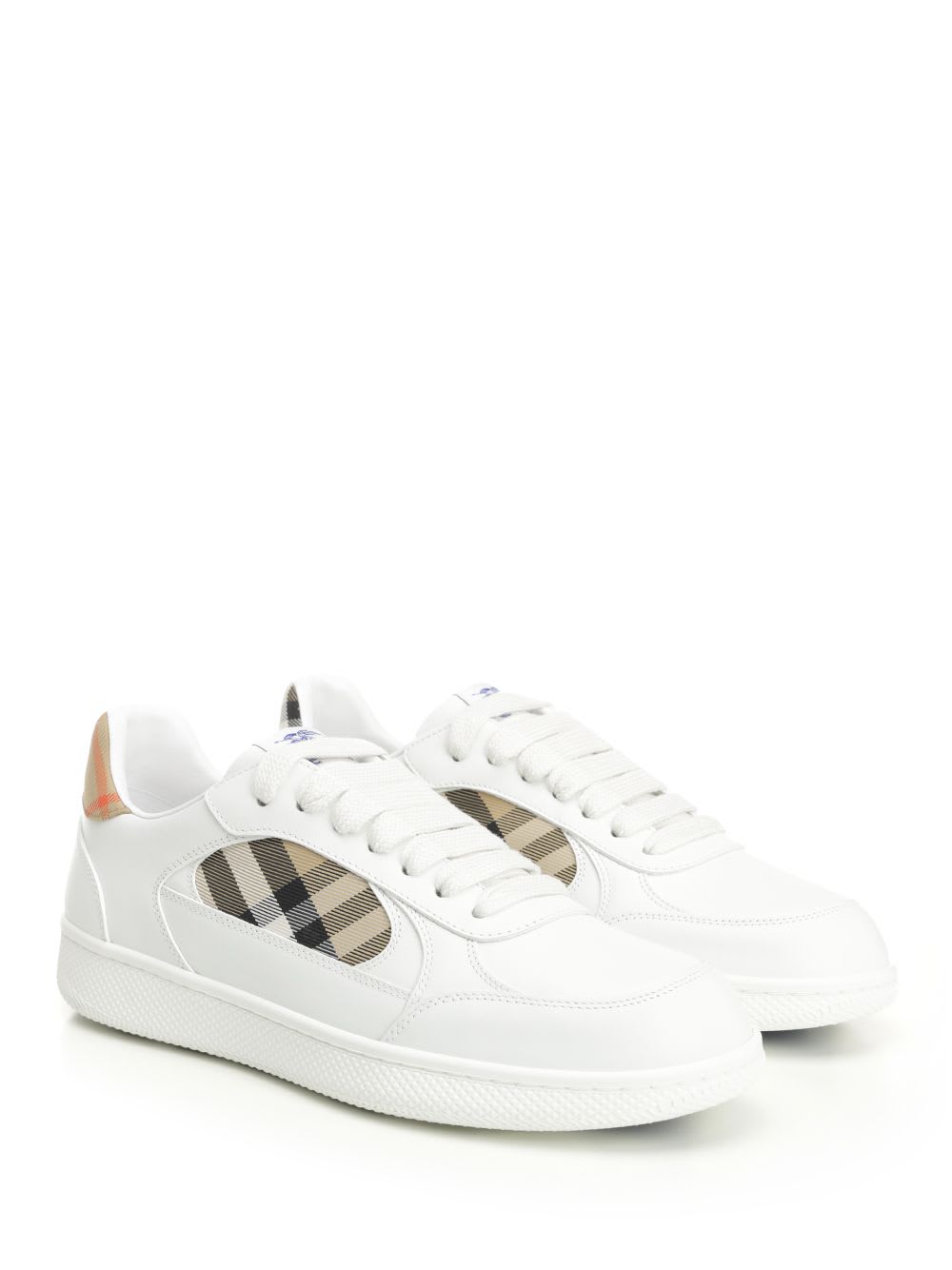 Burberry Low-top Leather Sneakers With Check Inserts In White