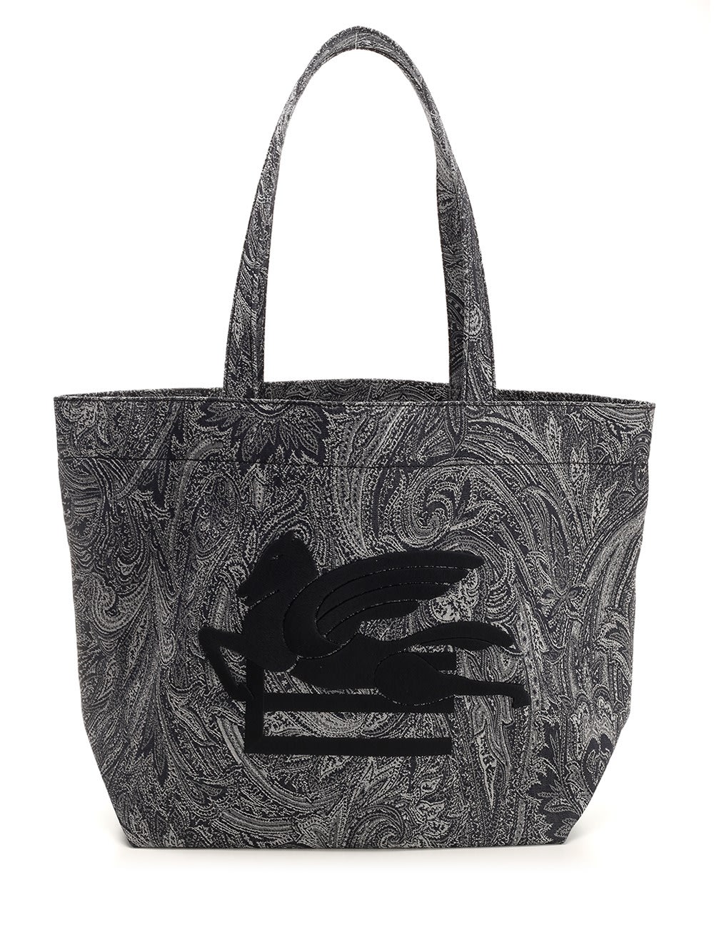 Navy Blue Large Tote Bag With Paisley Jacquard Motif