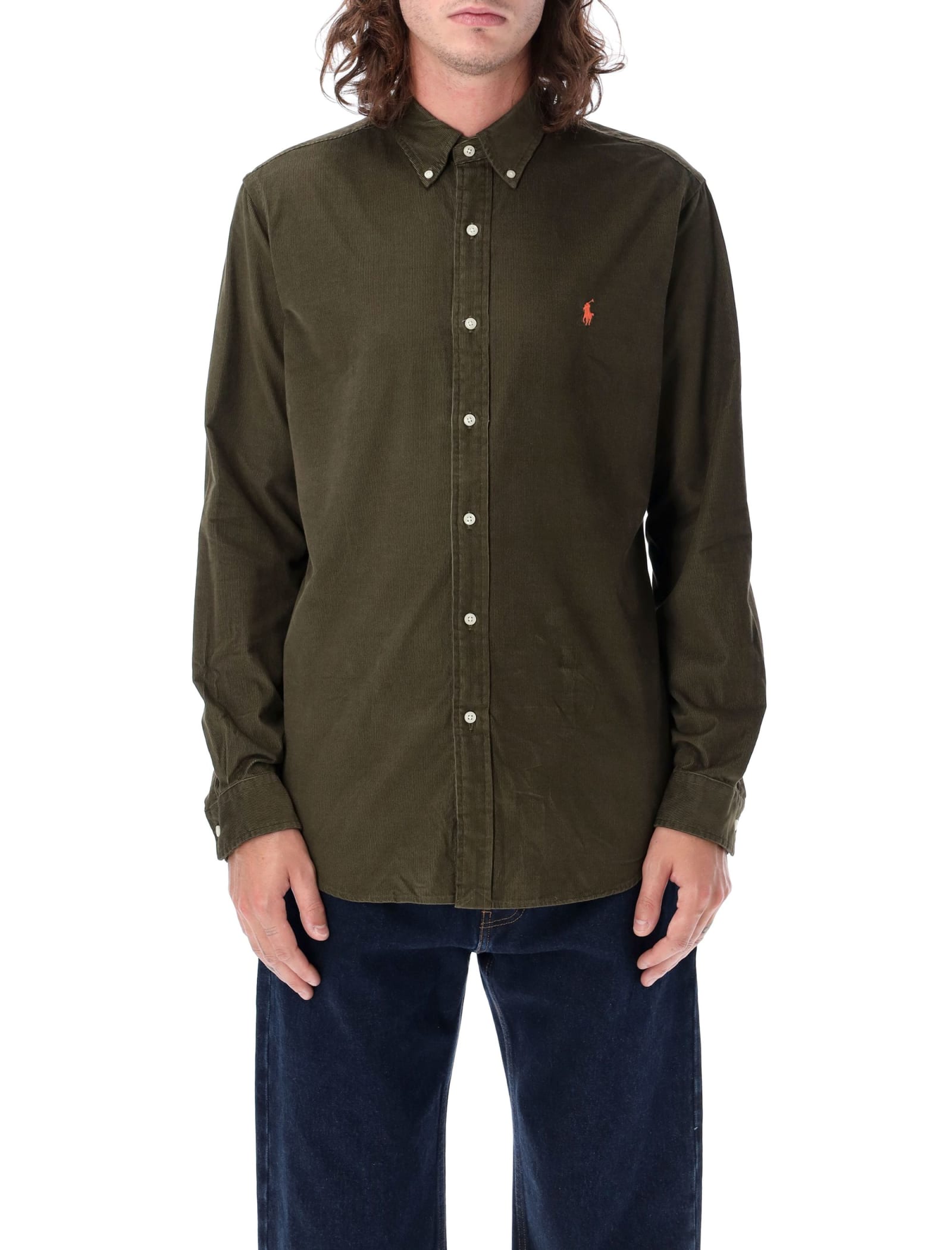 Polo Ralph Lauren Olive Green Cotton Shirt With Signature Polo Pony Motif In Military Green