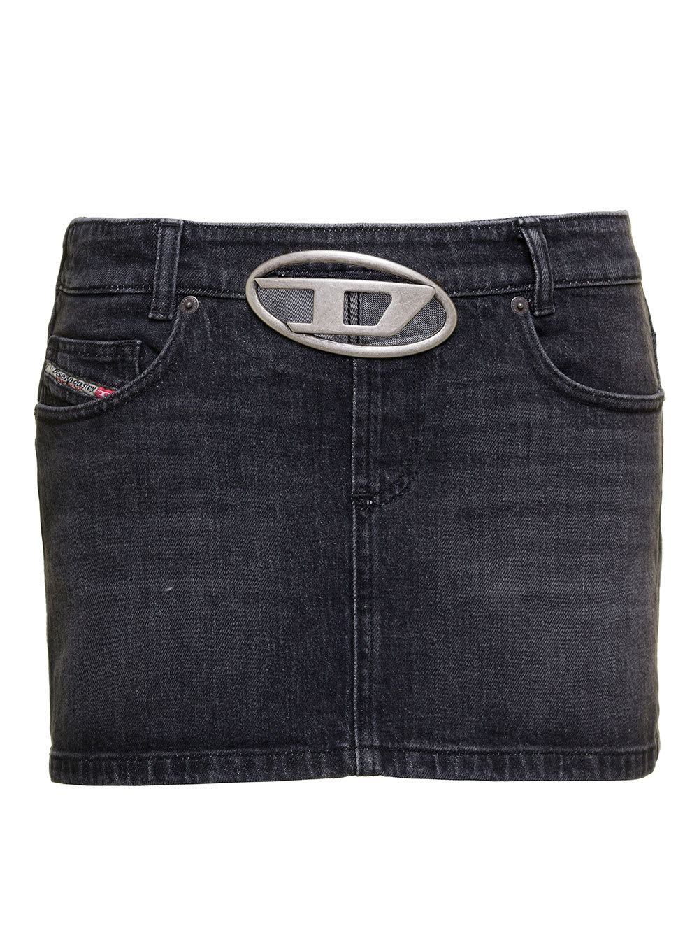 Shop Diesel De-ron-s2 Black Mini-skirt With Oval D Logo Buckle And Cut-out In Stretch Cotton Denim Woman