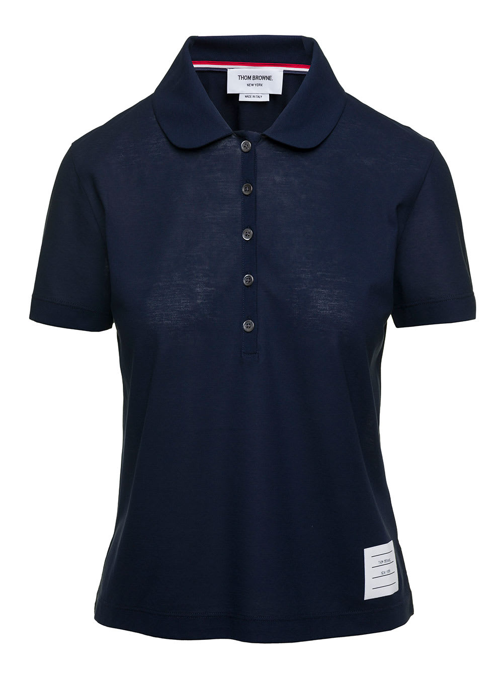 THOM BROWNE BLUE POLO SHIRT WITH PETER-PAN COLLAR AND LOGO PATCH IN COTTON WOMAN