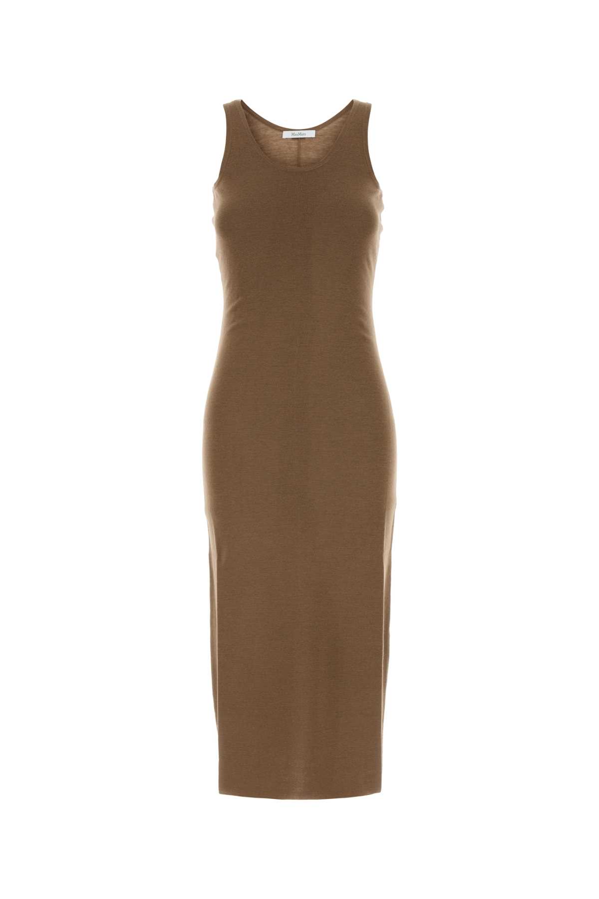Max Mara Midi Dress With Round Neckline And Back Slit In Brown