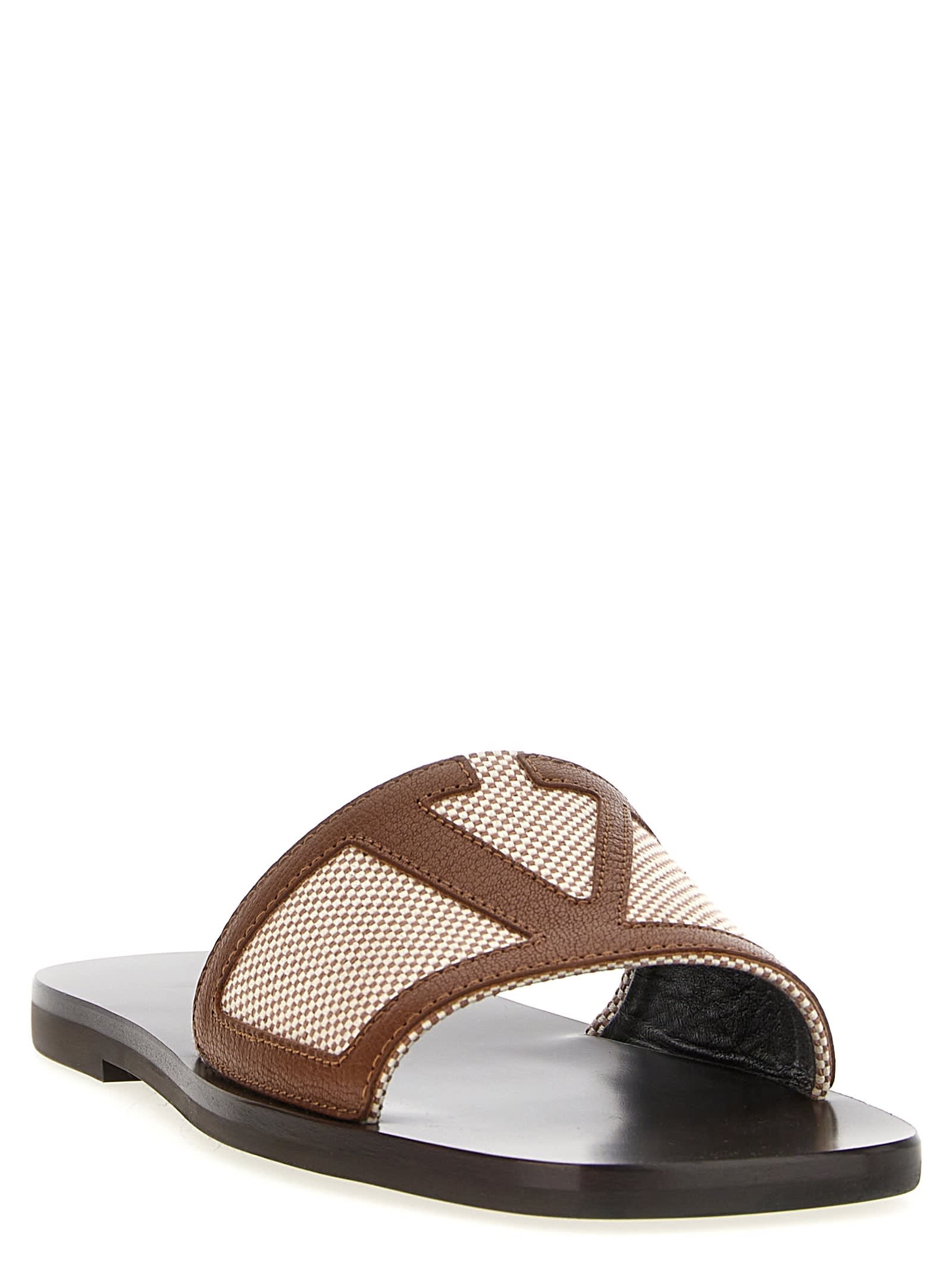 Valentino Garavani Viva Superstar Slide Sandal In Canvas Fabric And Nappa Leather In Brown