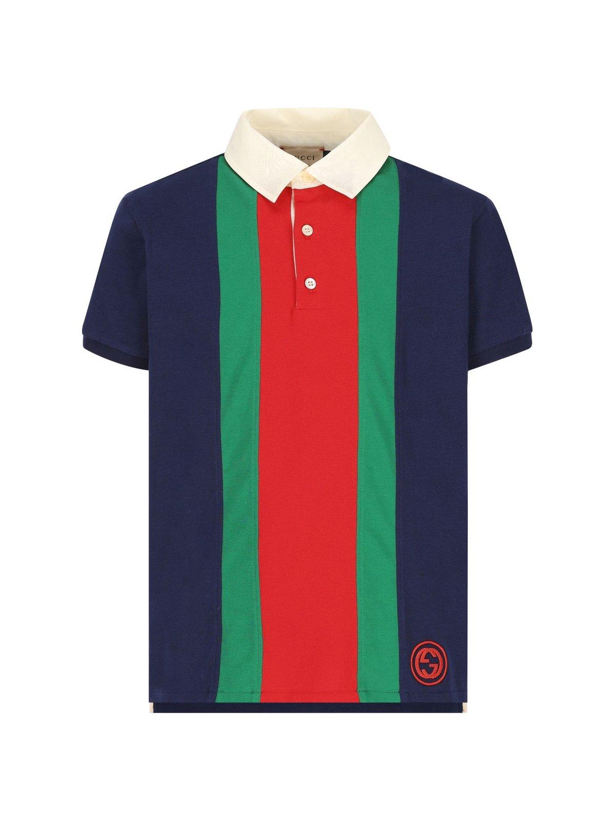 Shop Gucci Logo Embroidered Striped Polo Shirt In Blu